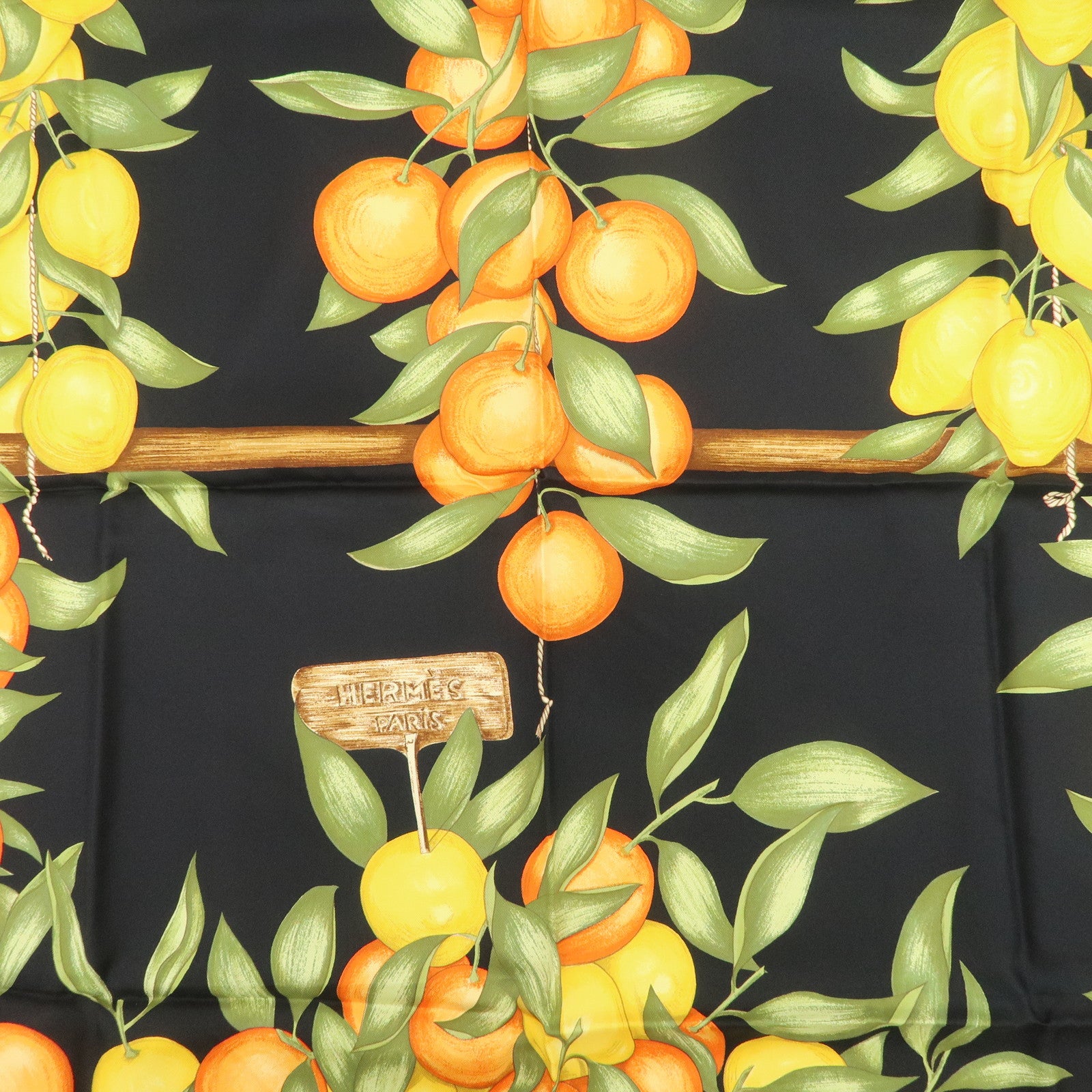HERMES Carre 90 Silk 100% Scarf Oranges et citrons Black Orange