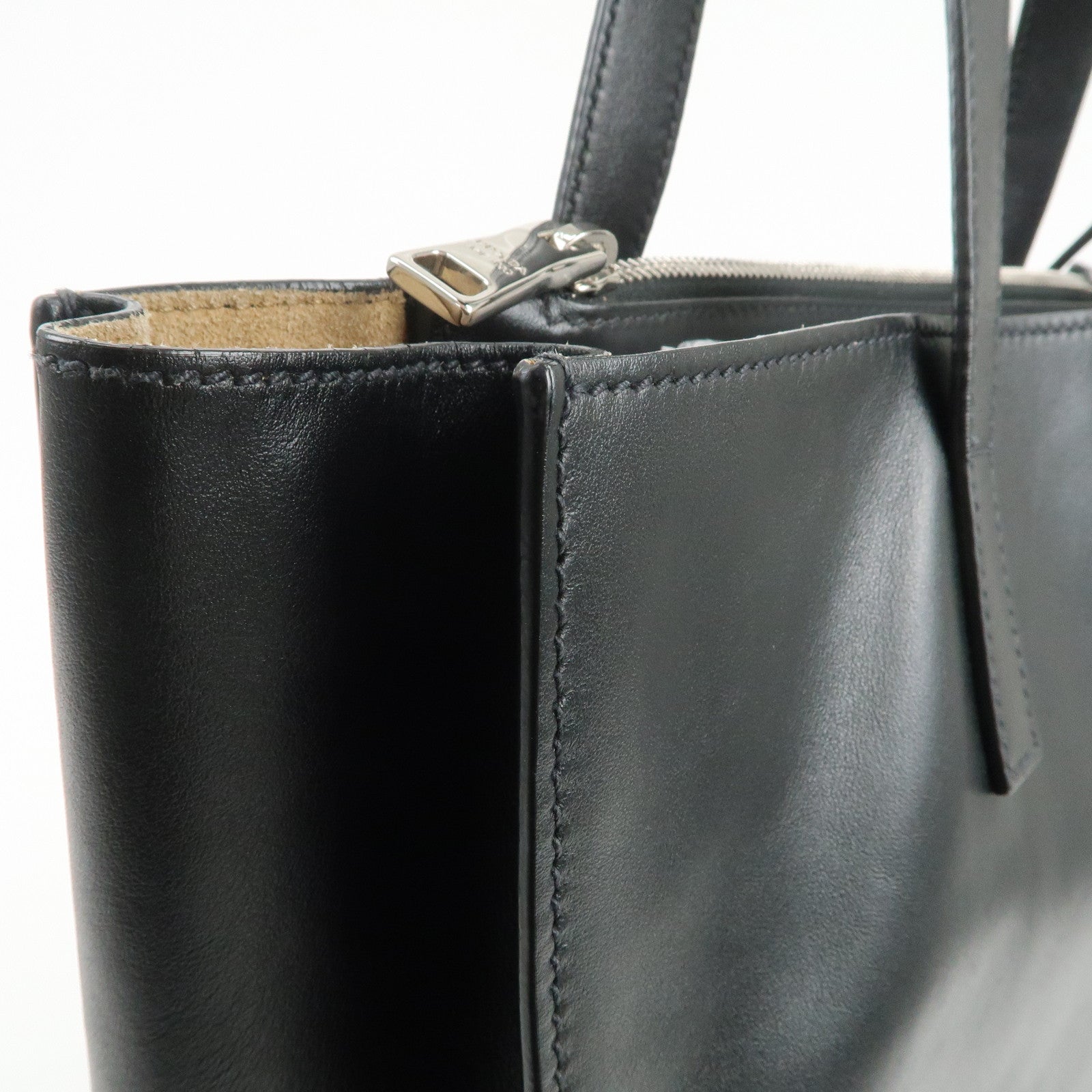 PRADA Triangle Logo Leather Tote Bag Hand Bag Black 1BG002