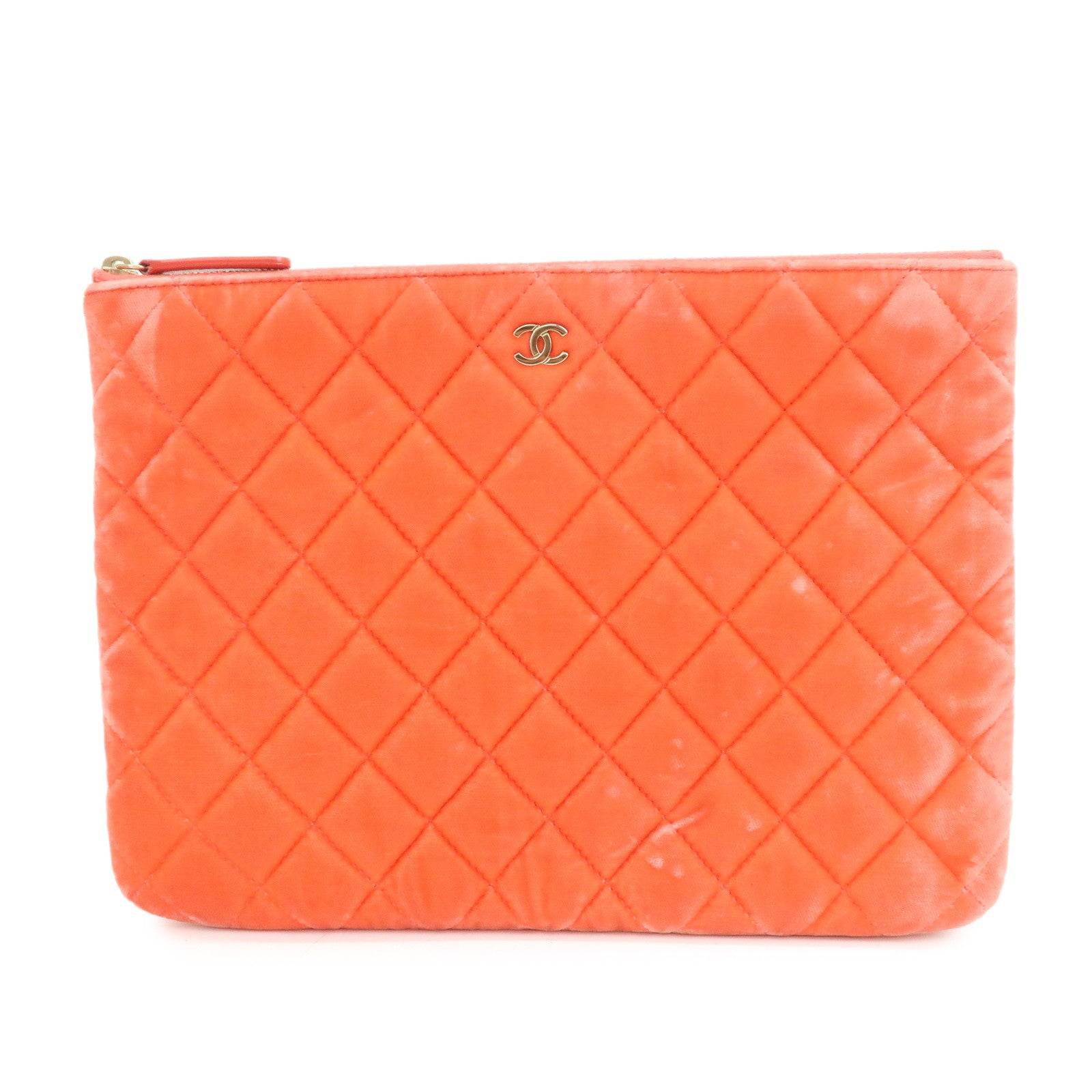 CHANEL COCO Mark Matelasse Velour Leather Clutch Bag Orange