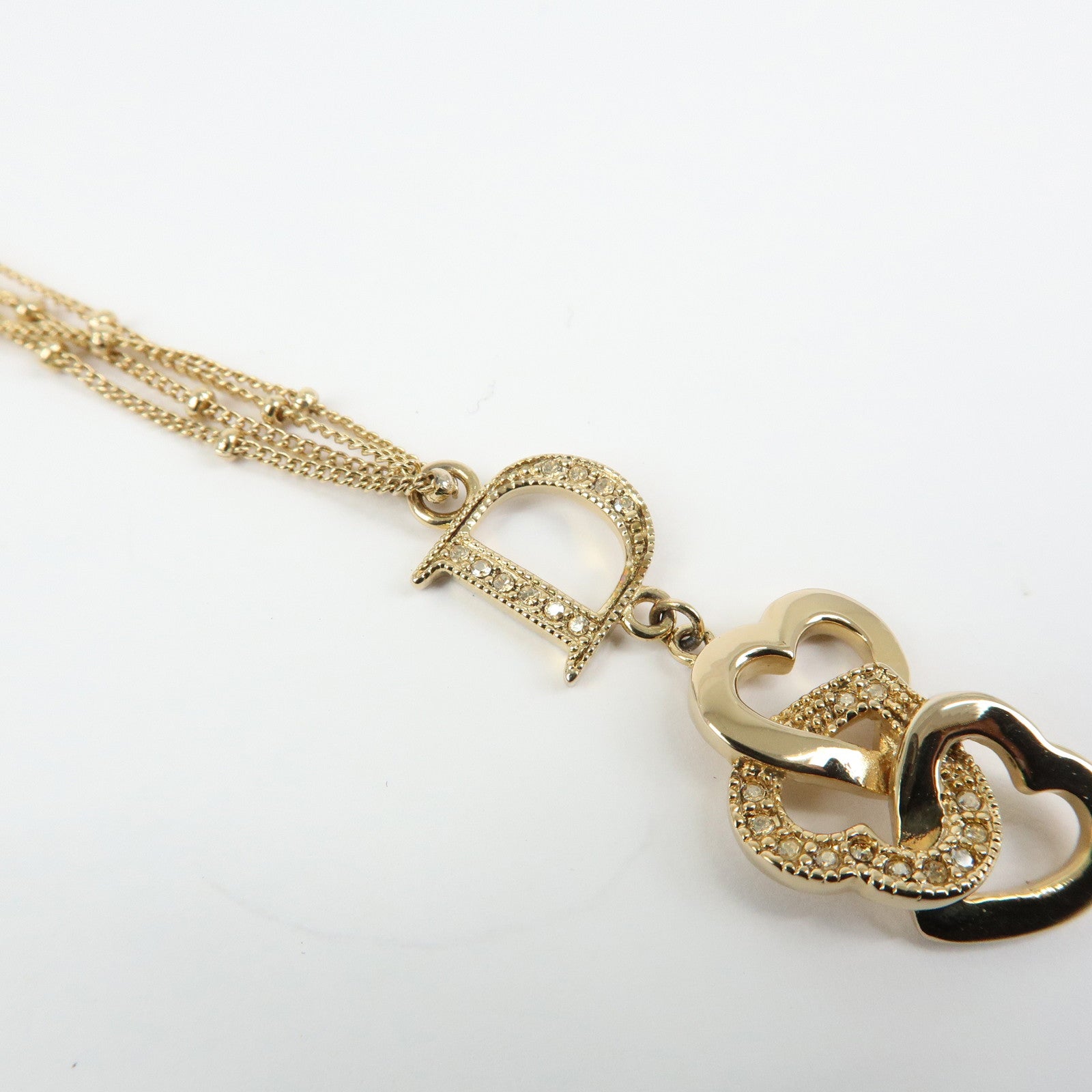 Christian Dior Logo Metal Double Chain Necklace Heart Charm Gold