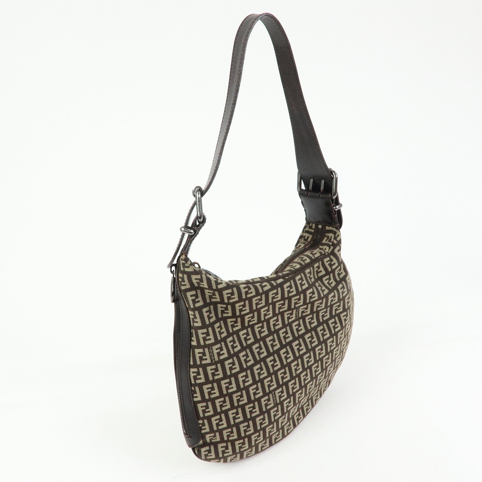 FENDI Zucchino Canvas Leather Shoulder Bag Dark Brown 8BR228