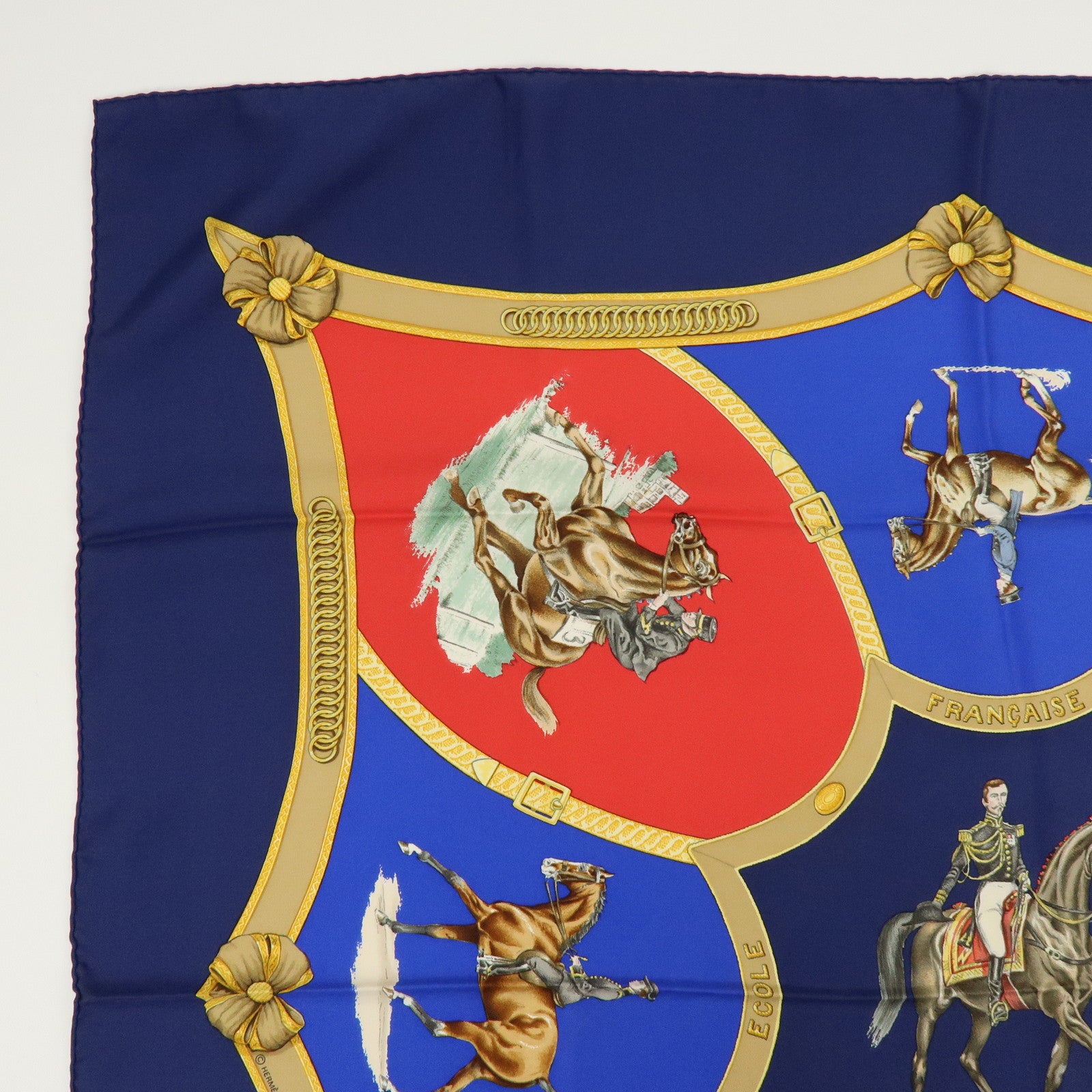 HERMES Carre 90 Silk 100% Scarf Le General LA Hotte Navy Red Blue