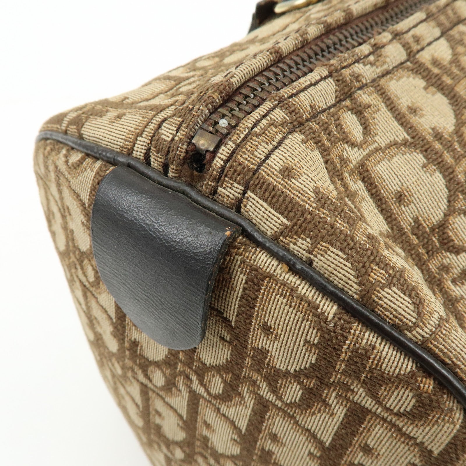Christian Dior Trotter Jacquard Canvas Leather Boston Bag Brown