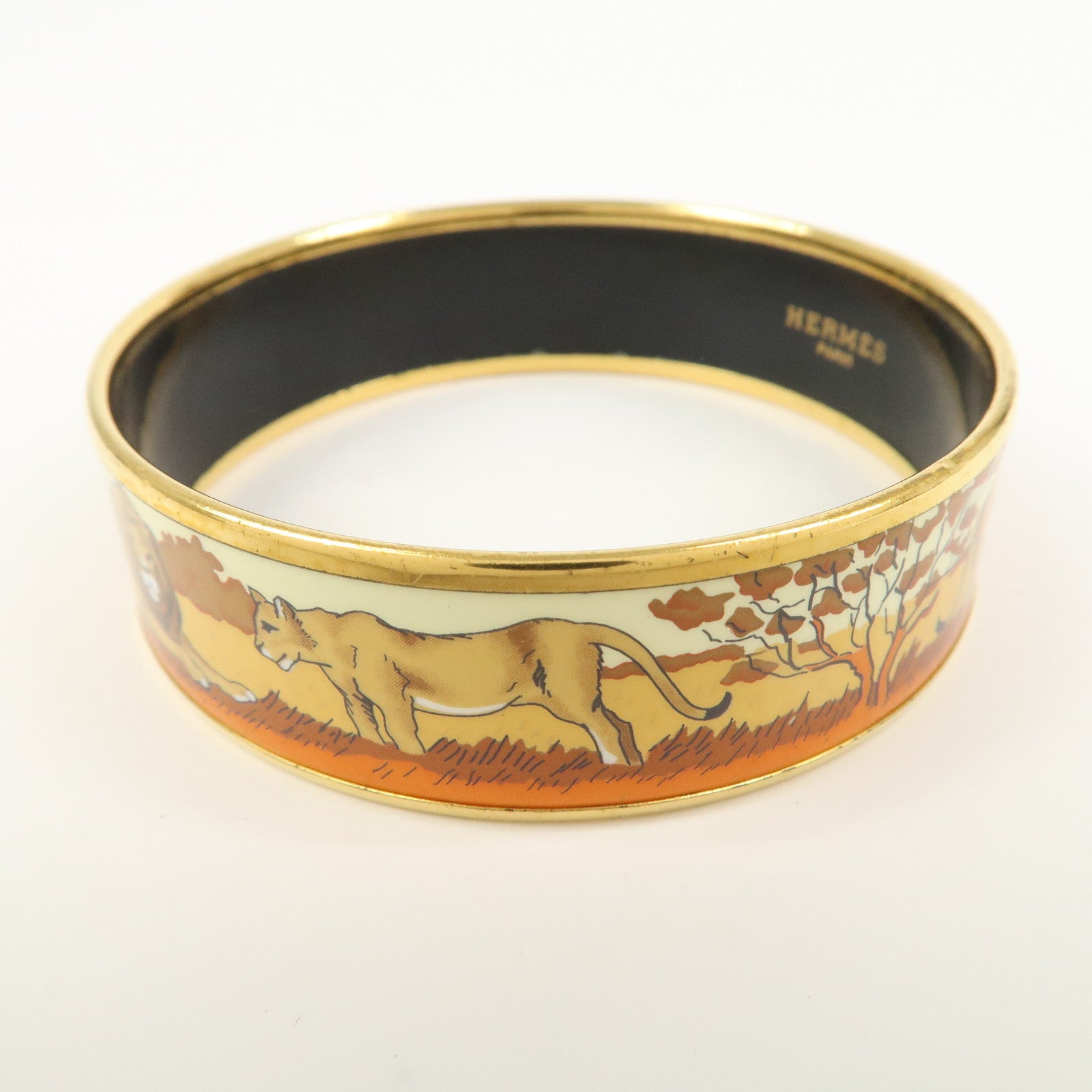 HERMES Email GM Gold Plated Bangle Bracelet Brown