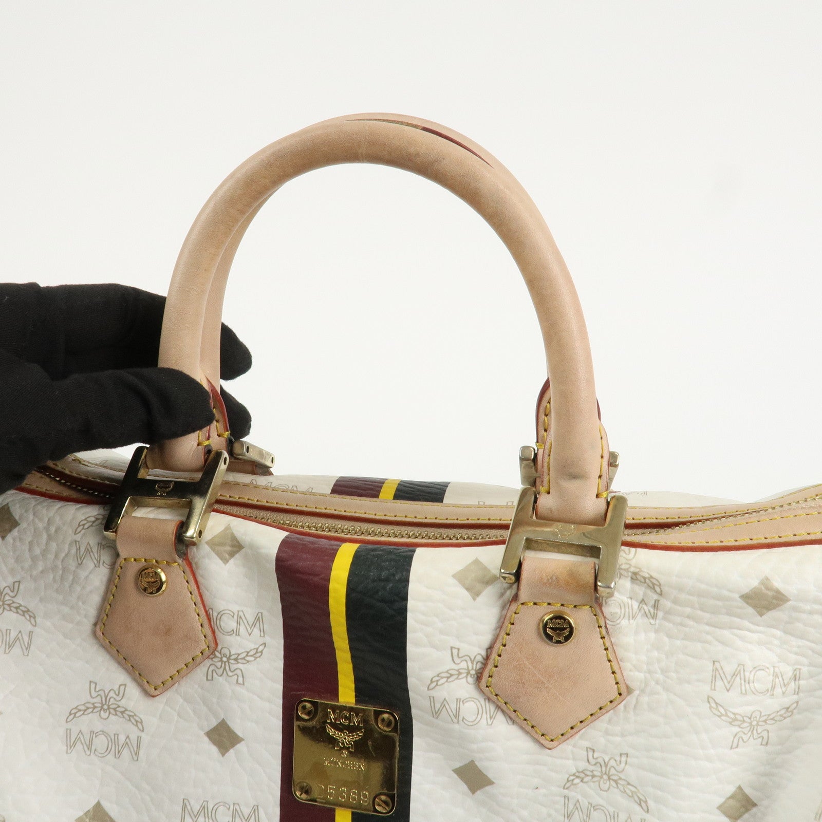 MCM Visetos Leather Boston Bag Hand Bag Beige White Used