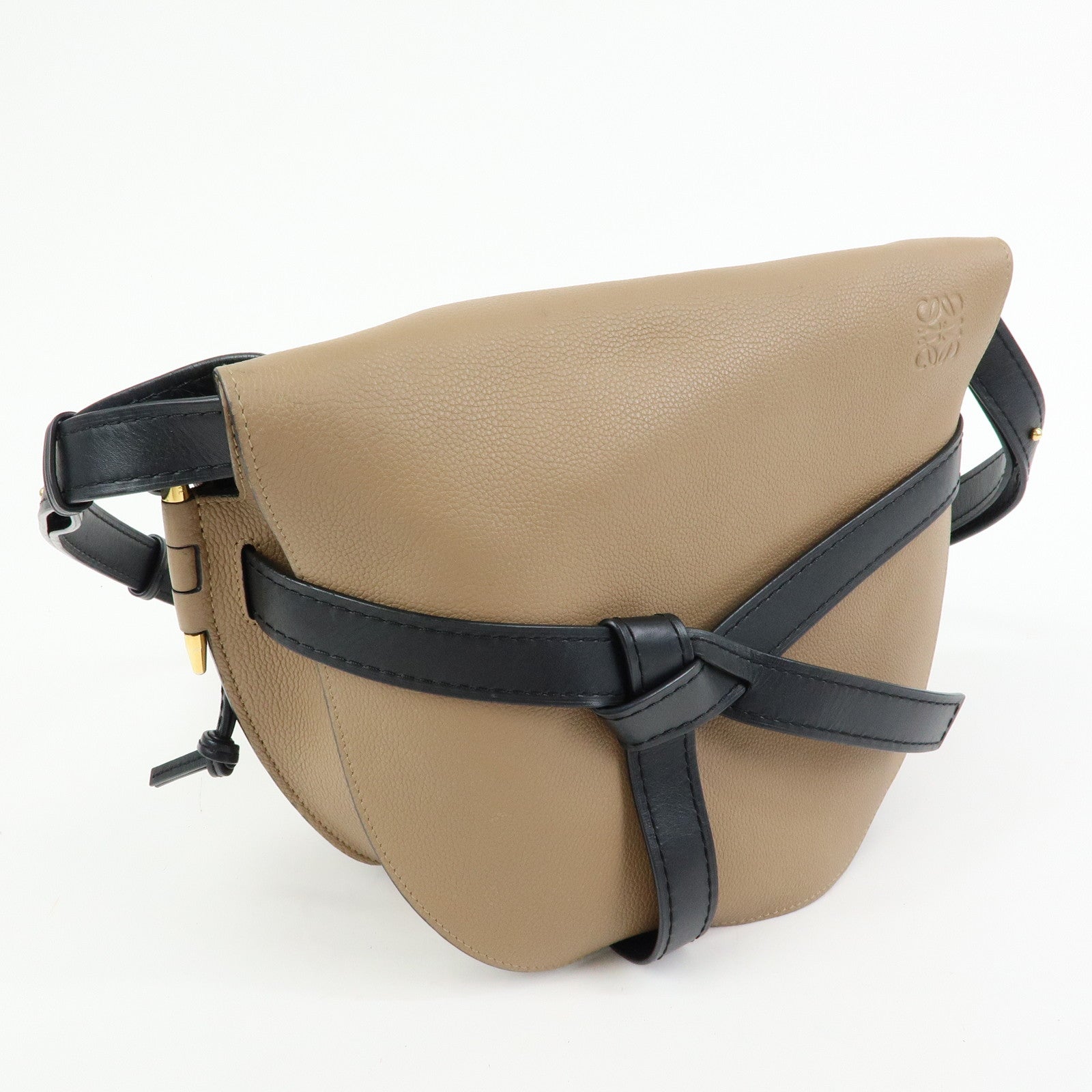 LOEWE Calf Leather Shoulder Bag Gate Bag Medium Beige Black