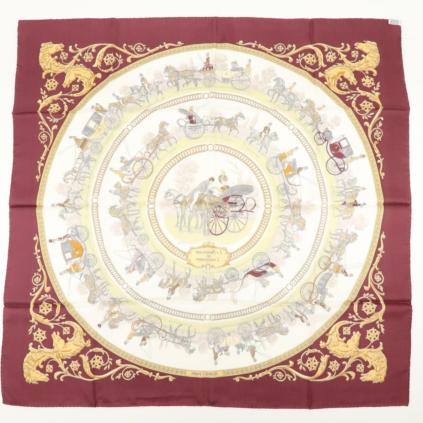 HERMES Carre 90 Silk 100% LA PROMENADE DE LONGCHAMPS Scarf Wine Red