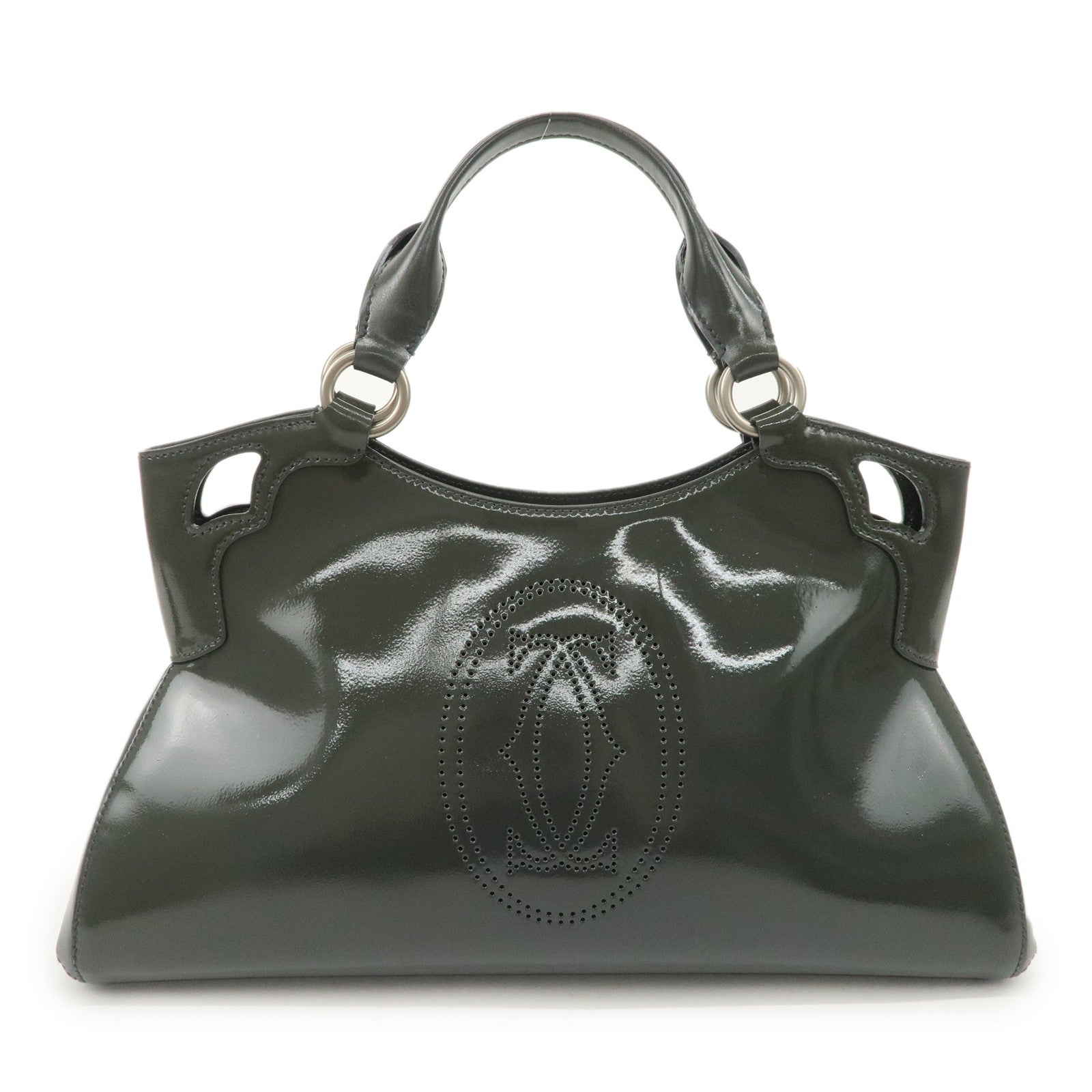 Cartier Marcello Patent Leather Tote Bag Hand Bag Khaki Used