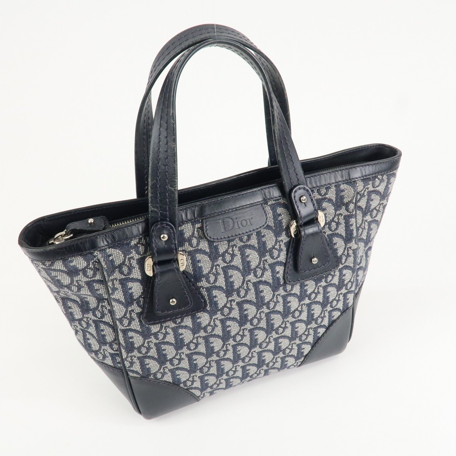 Christian Dior Trotter Leather Canvas Hand Bag Tote Bag Navy Used