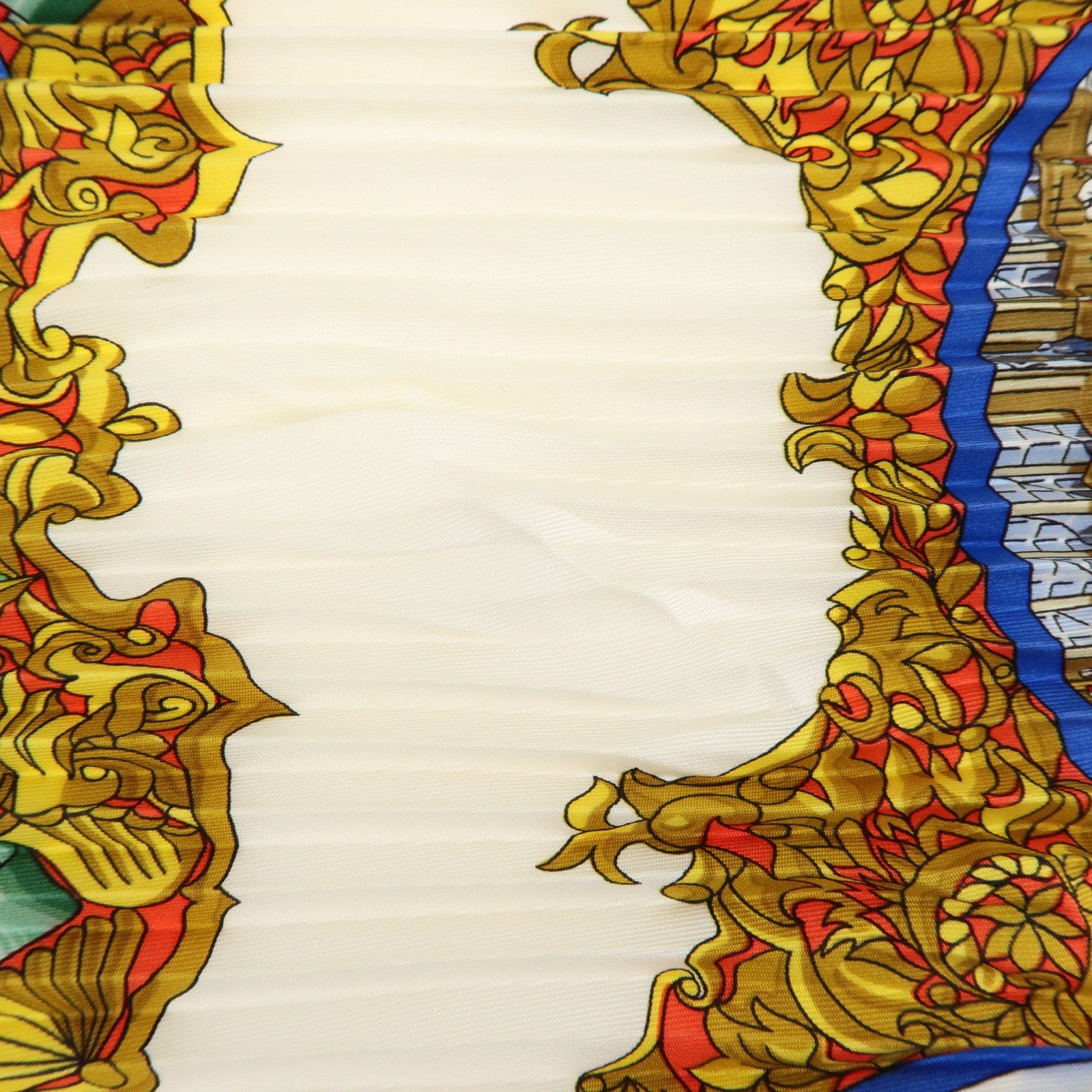 HERMES Pleated Carre Silk 100% Scarf L'ENTENTE CORDIALE Red Blue