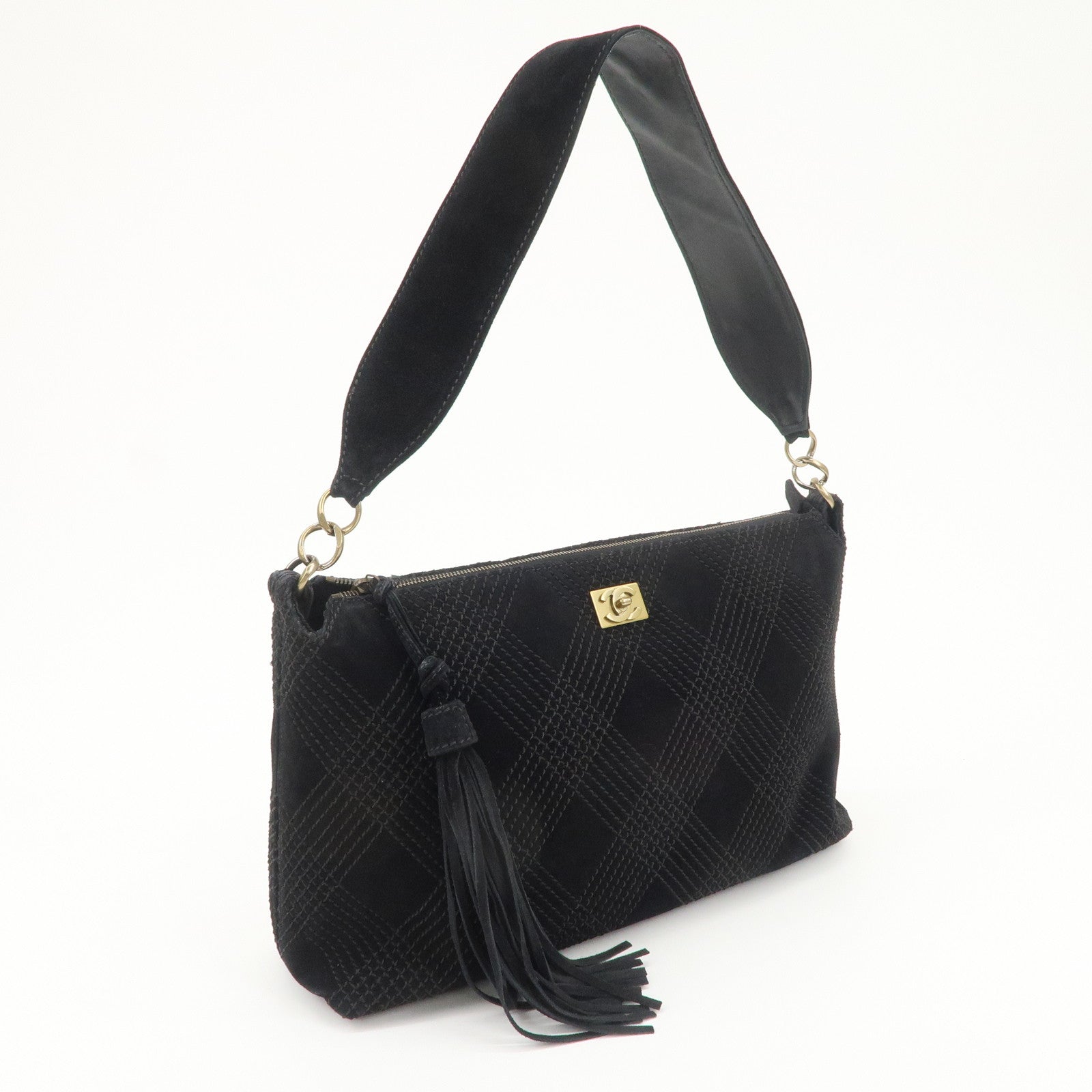 CHANEL Suede Shoulder Bag Hand Bag Tassel Black Used