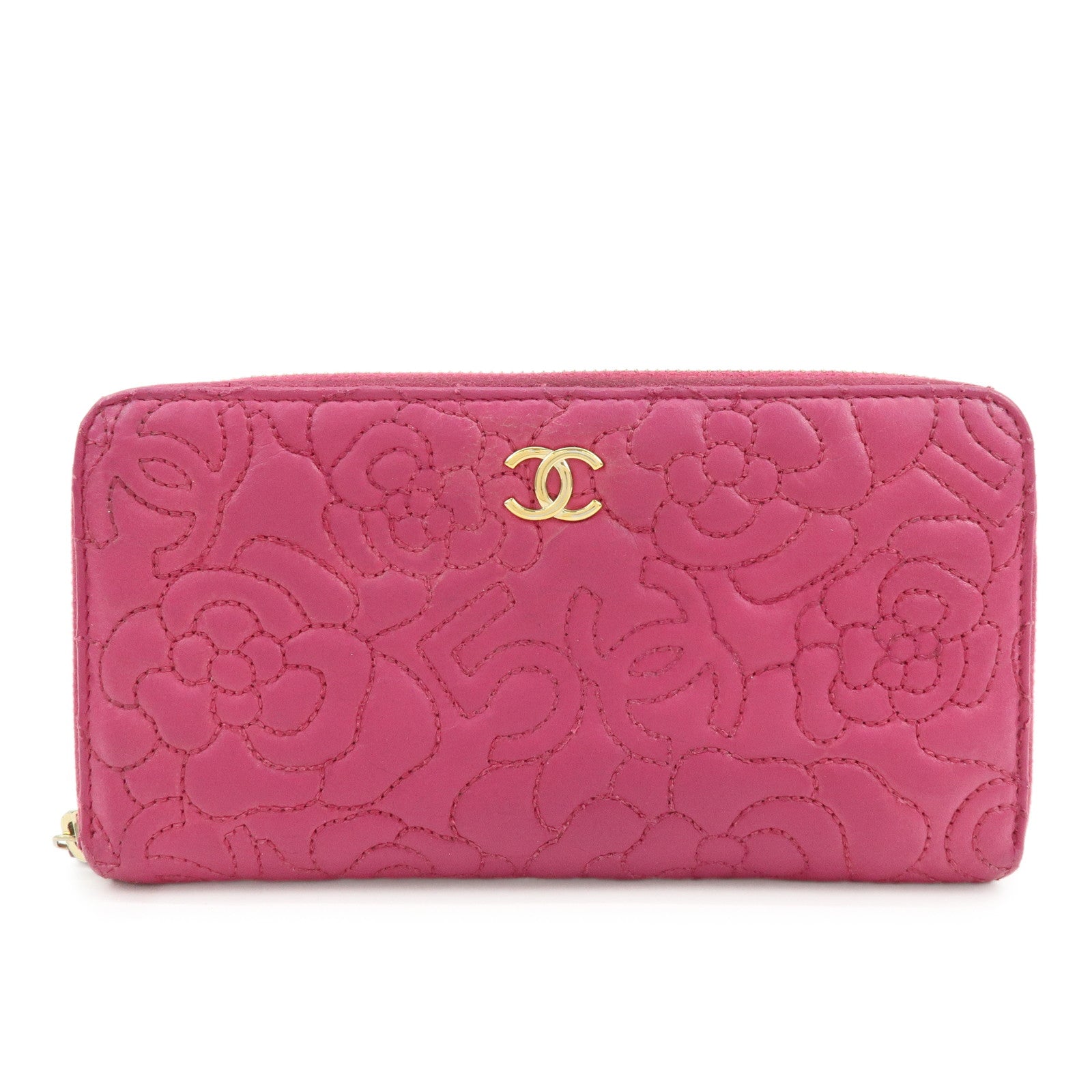 CHANEL Camellia No.5 COCO Mark Calf Leather Zippy Long Wallet Pink