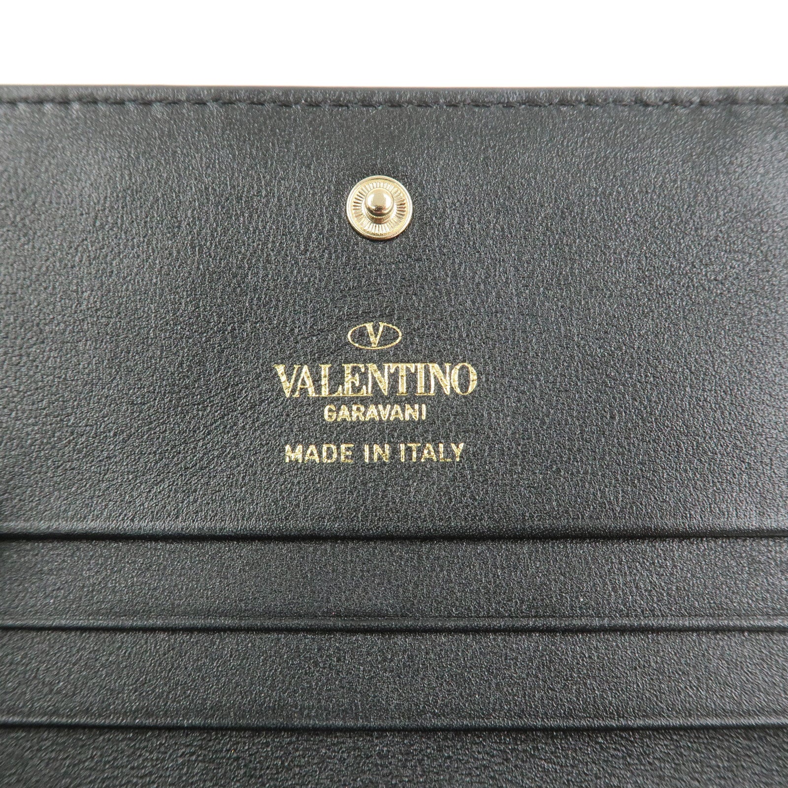 VALENTINO Leather Studs Compact Bi-Fold Wallet Black Gold