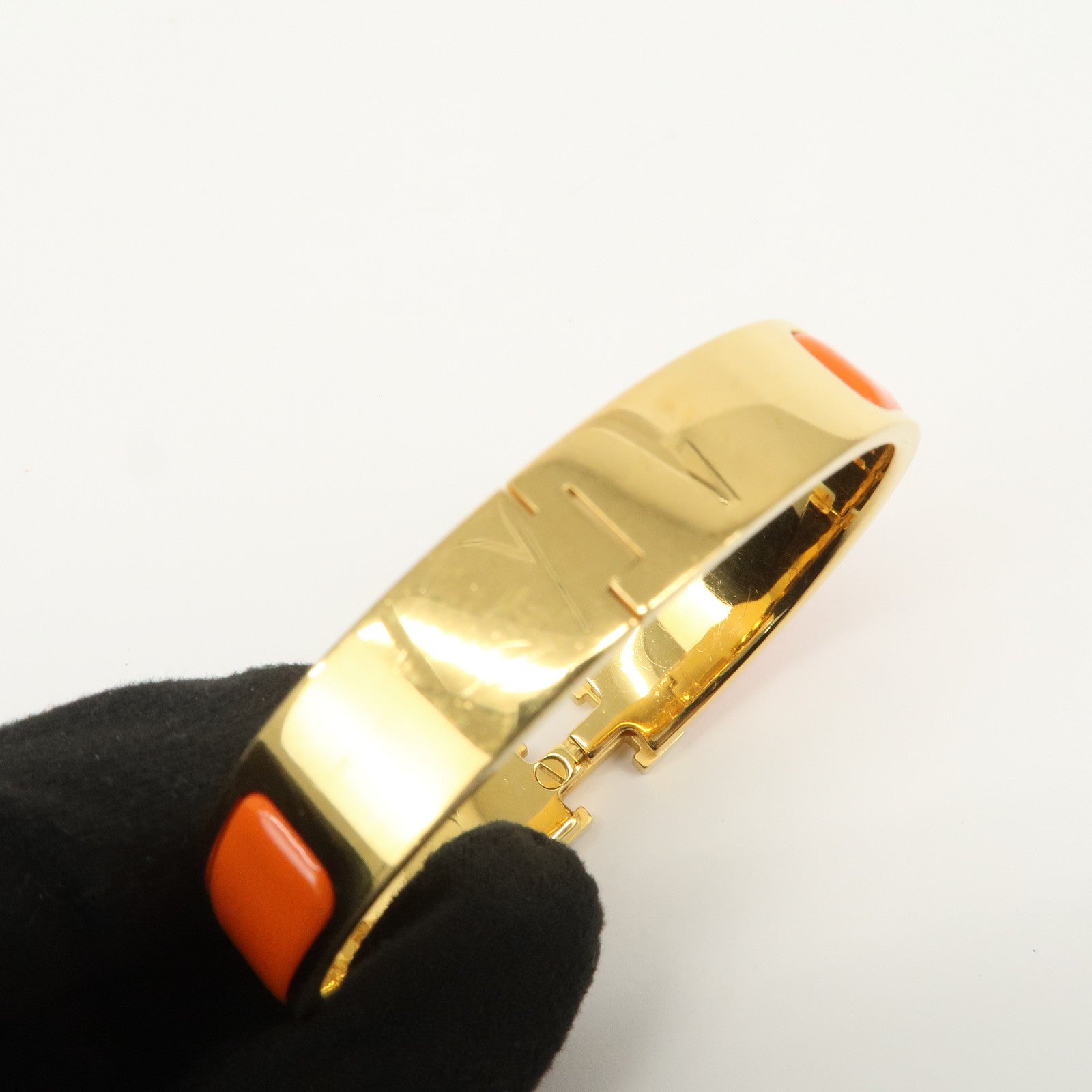 HERMES Clik Clac PM H Logo Metal Bracelet Gold Orange