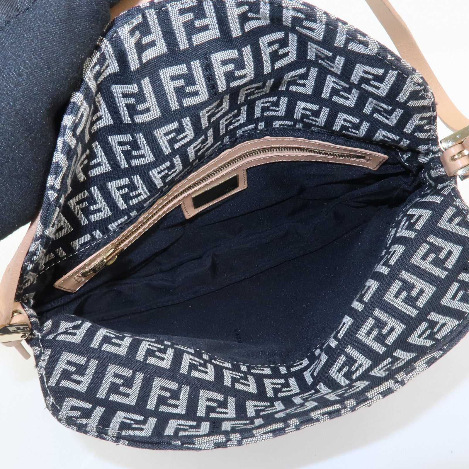 FENDI Zucchino Canvas Leather Shoulder Bag Black Natural 8BR009