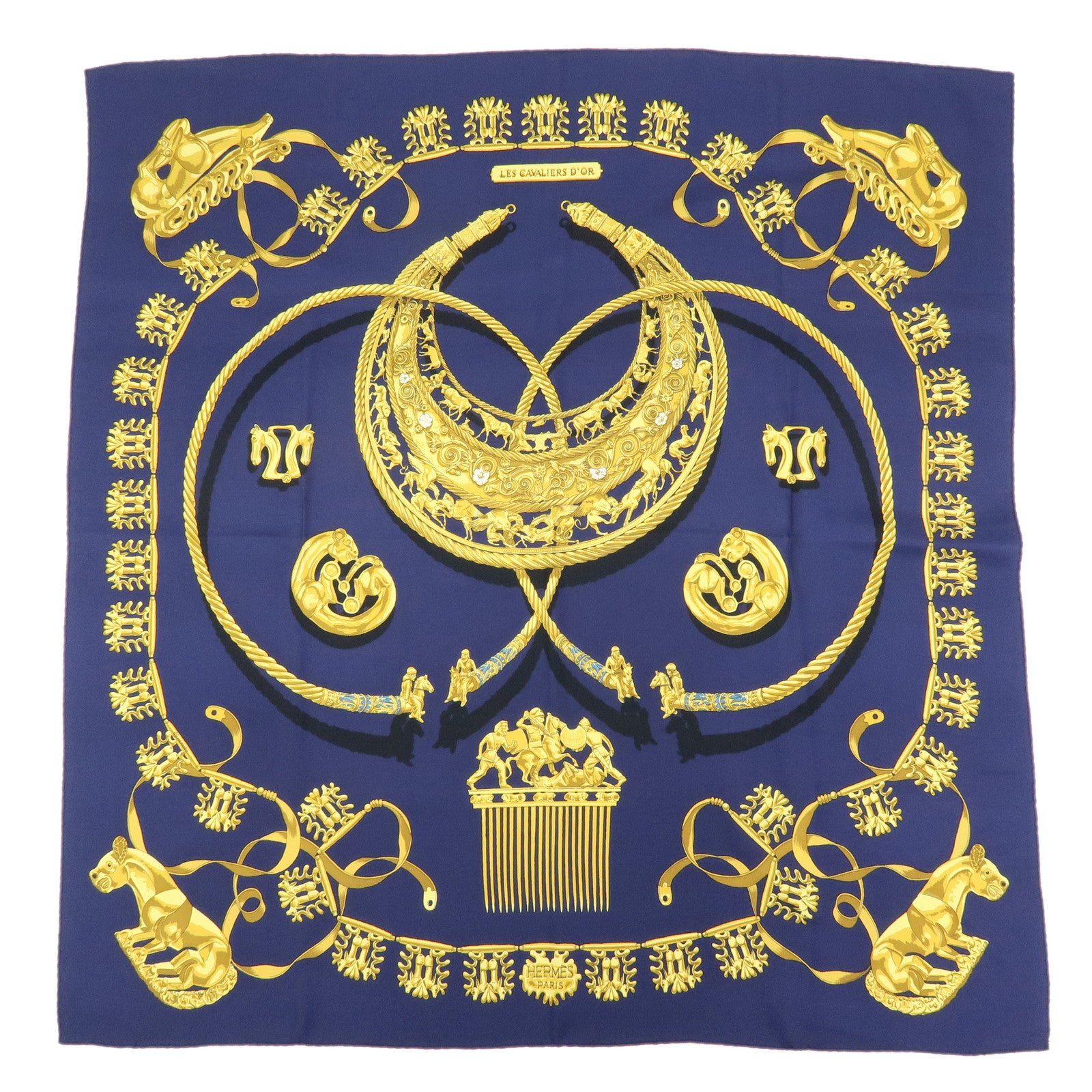 HERMES Carre 90 Silk 100% Scarf LES CAVALIERS D'OR Navy Yellow