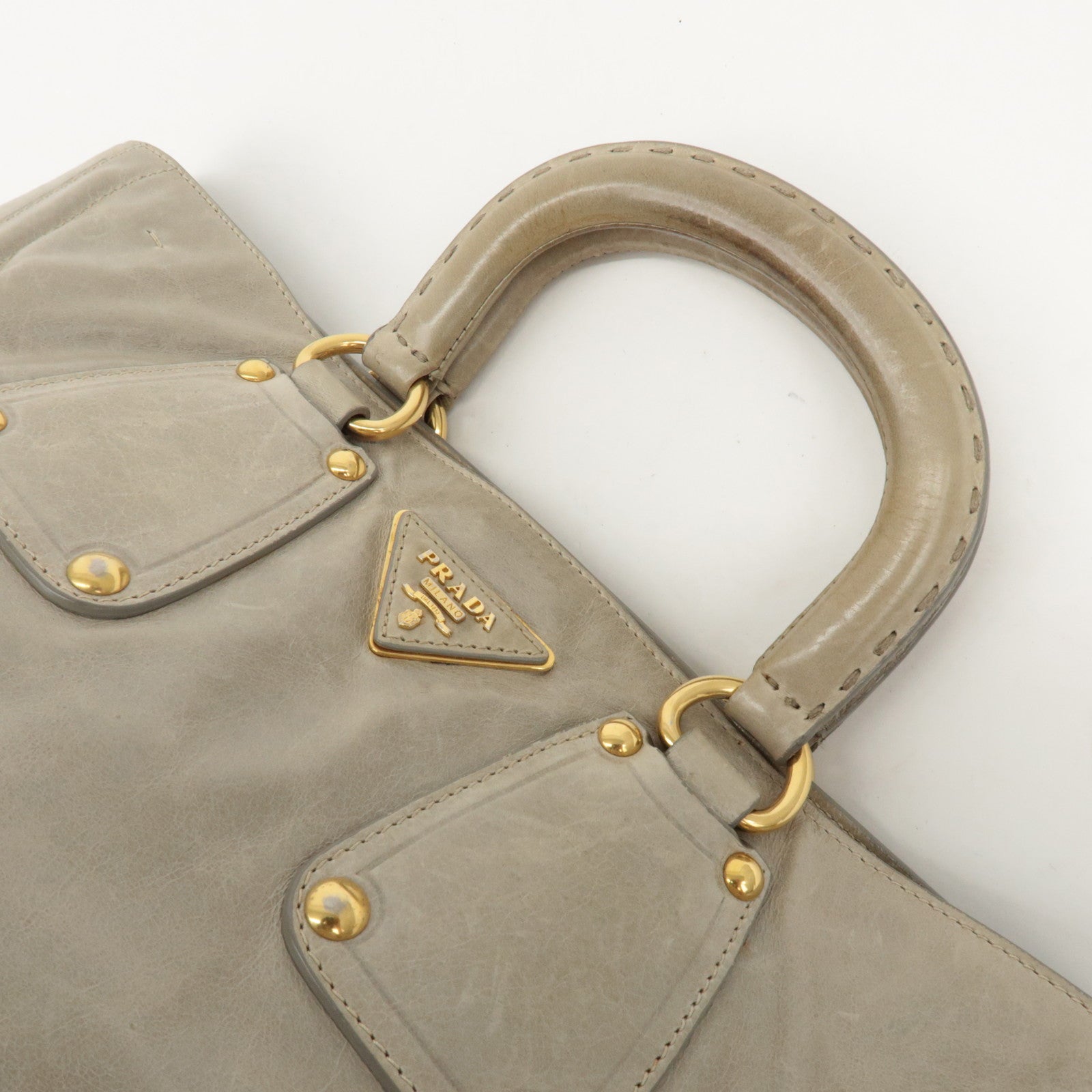 PRADA Triangle Logo Leather 2Way Bag Tote Bag Gray BN2104 Used