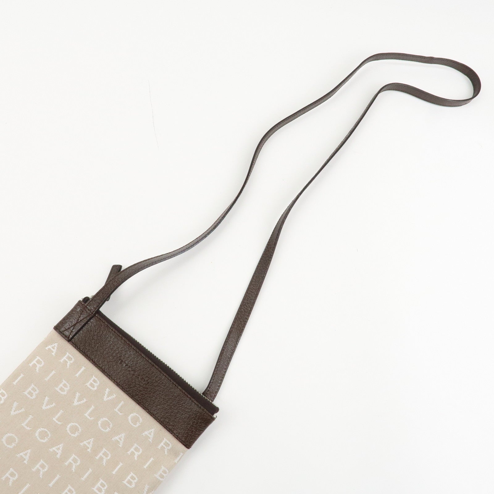 BVLGARI Logo Mania Leather Canvas Shoulder Bag Beige Dark Brown Used