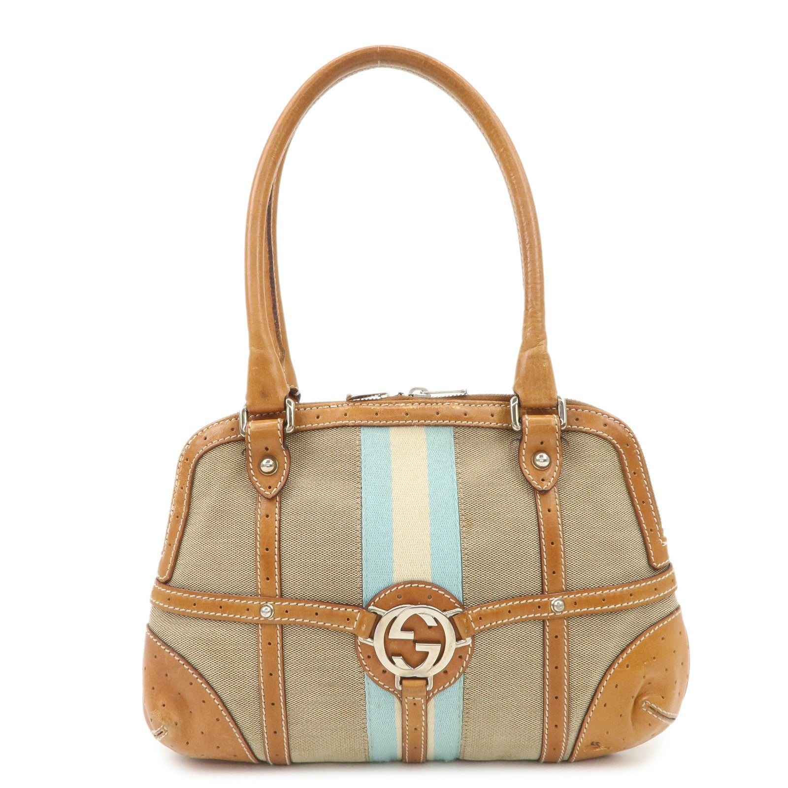 GUCCI Interlocking G Sherry Leather Canvas Hand Bag Beige 114882 Used