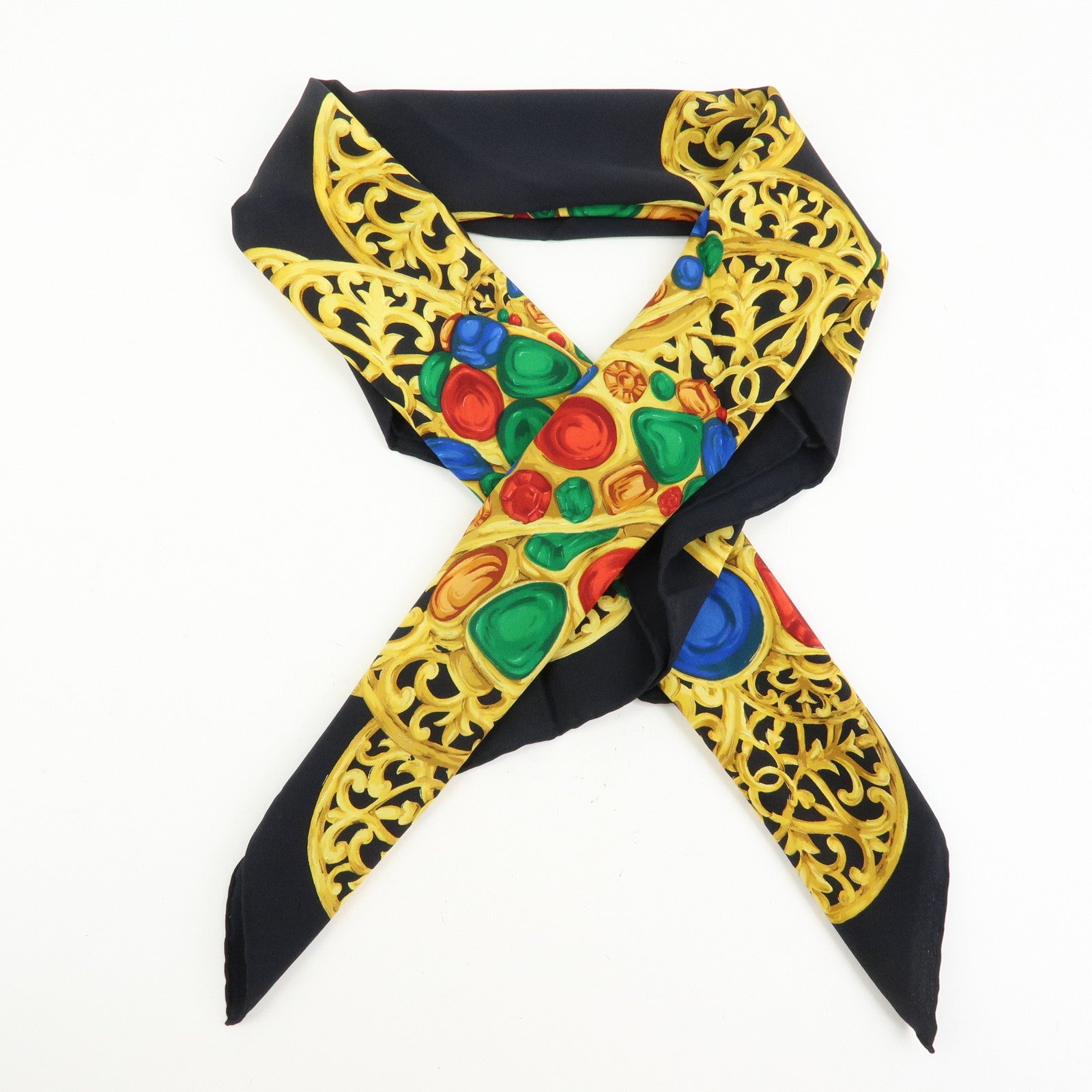 CHANEL Jewelry Motif Silk 100% Scarf Black Yellow Multicolor