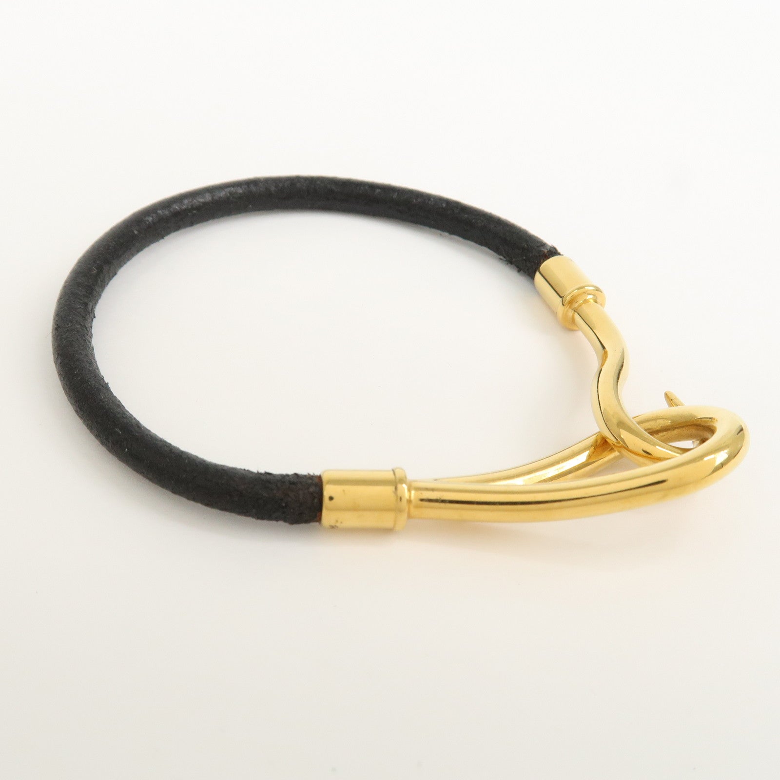 HERMES Leather Jumbo Bracelet Gold Hook Black