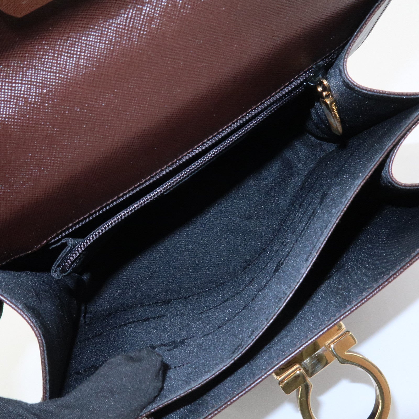 Ferragamo Gancini Leather 2Way Bag Hand Bag Shoulder Bag Dark Brown