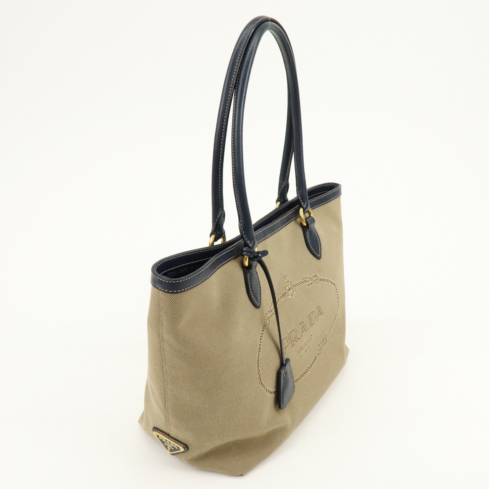 PRADA Logo Jacquard Leather Tote Bag Hand Bag Beige Navy