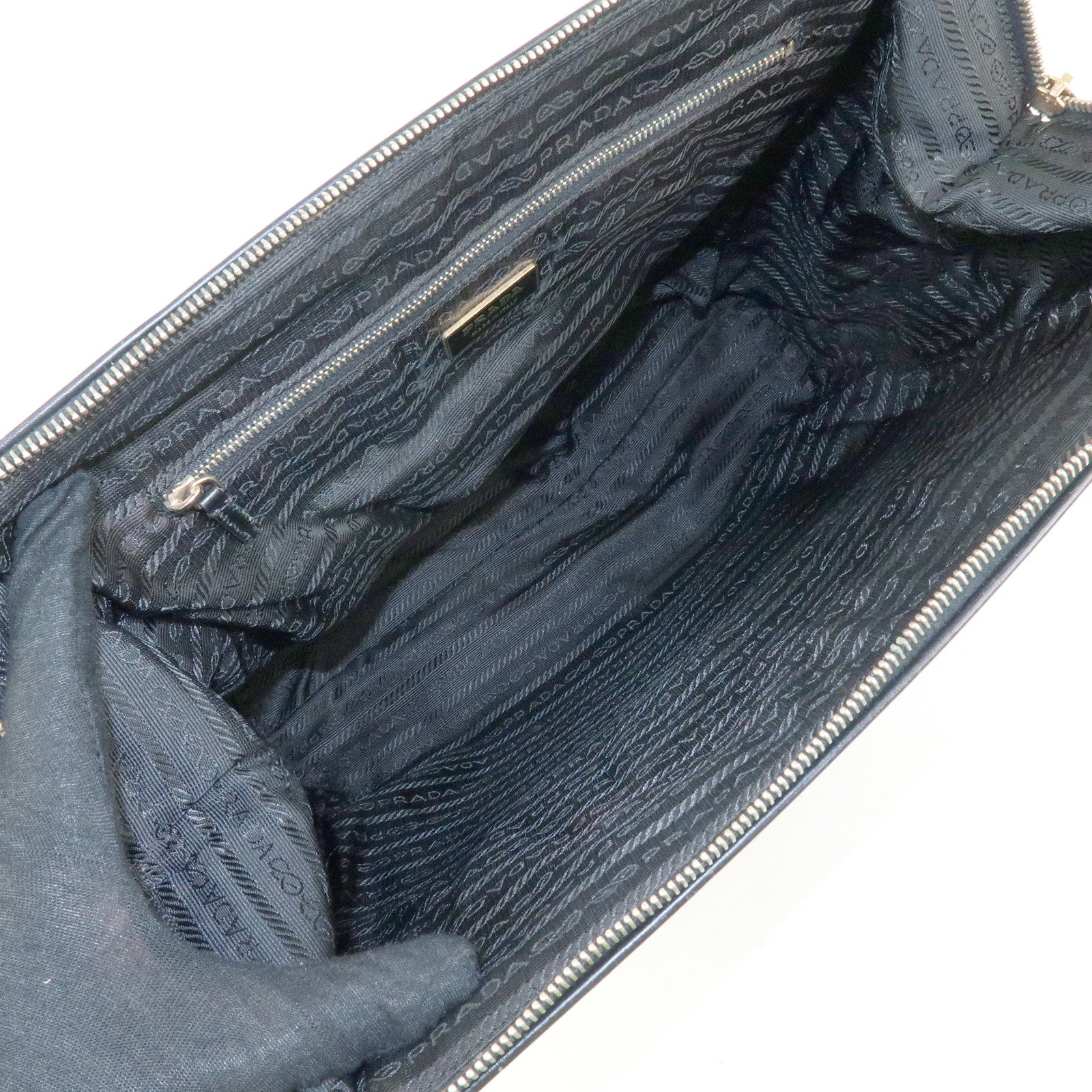 PRADA Triangle Logo Nylon Leather Hand Bag Tote Shoulder Bag Black