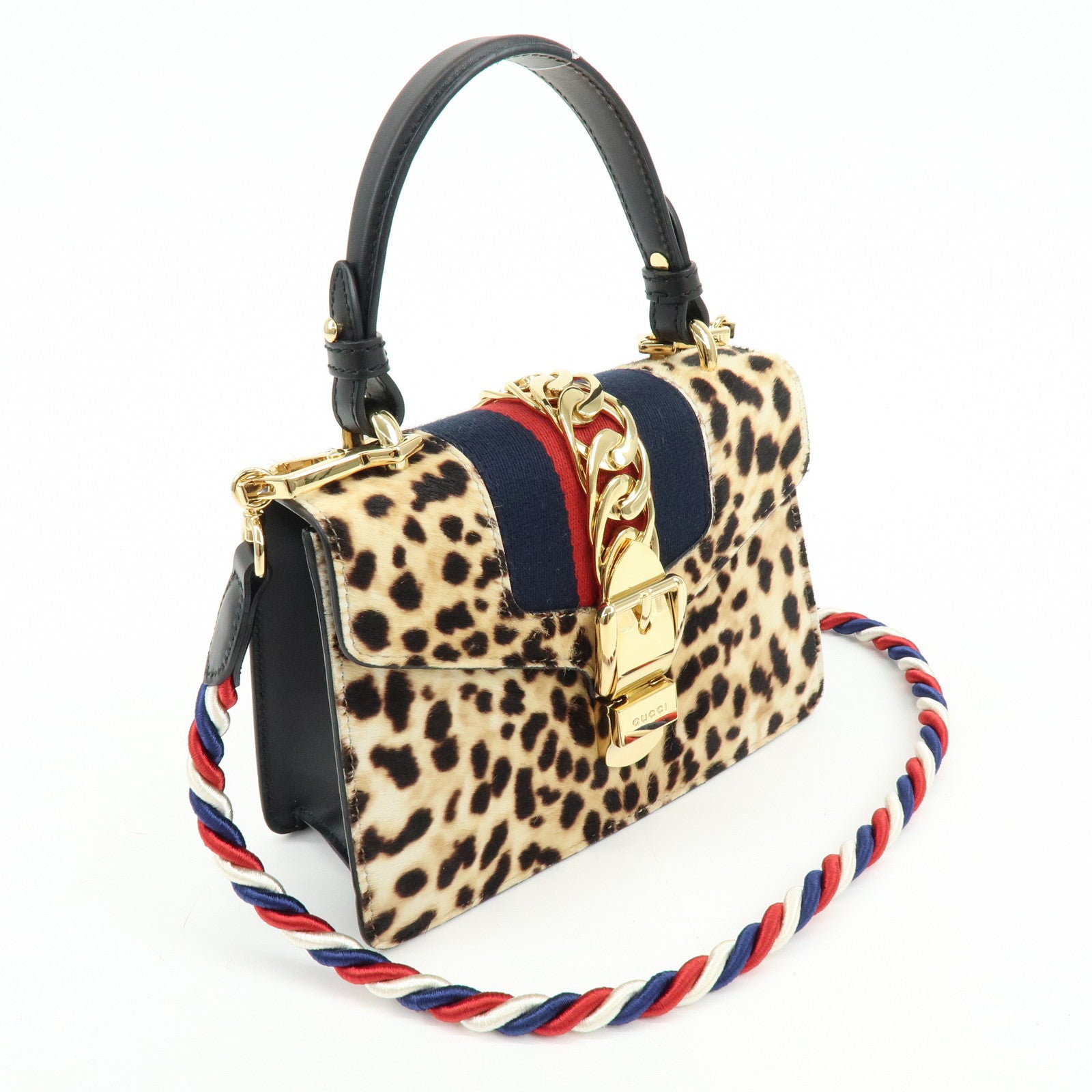 GUCCI Sherry Sylvie Pony Hair Leather 2Way Hand Bag Leopard 470270