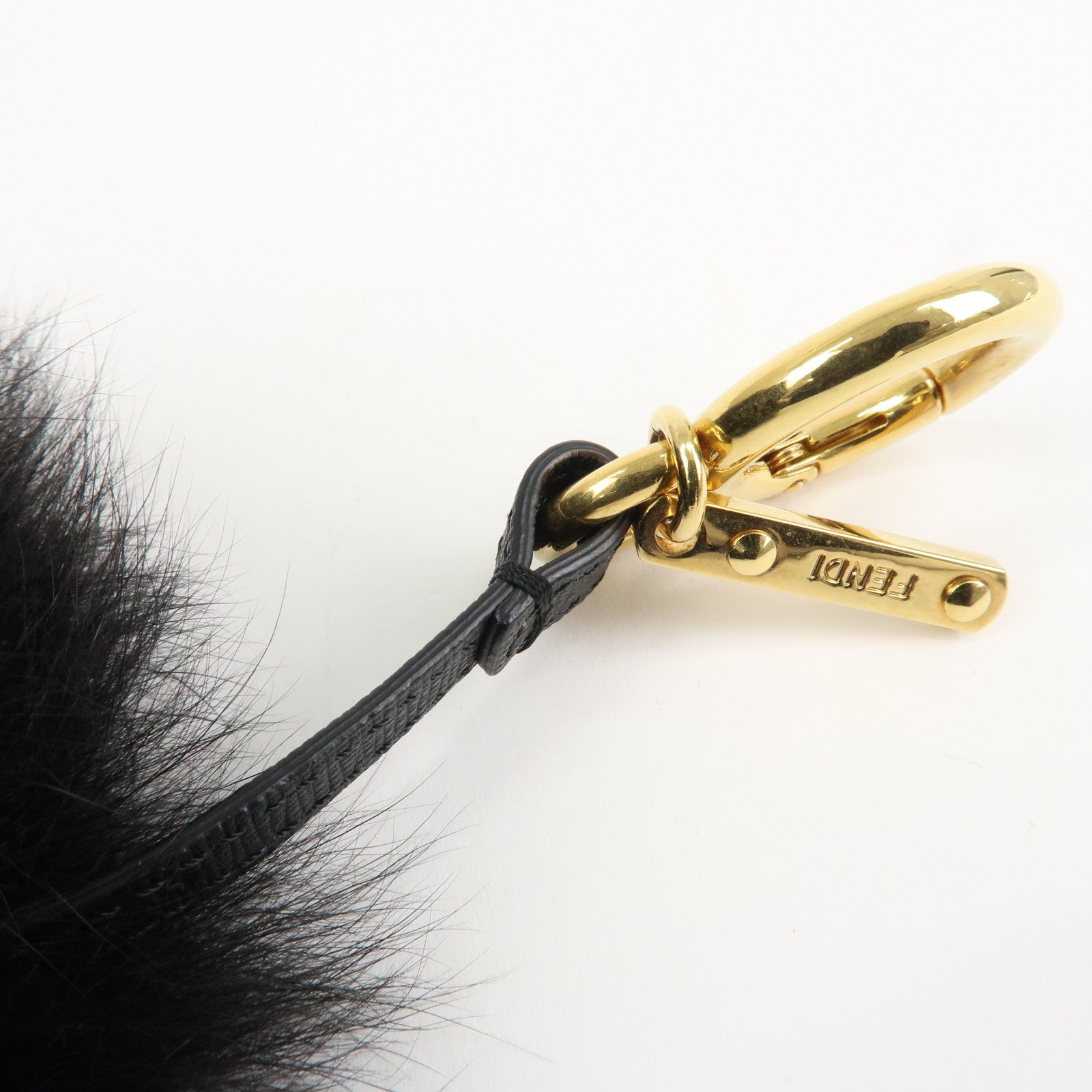 FENDI Fur Leather Pom Pom Bag Charm Key Chain Black