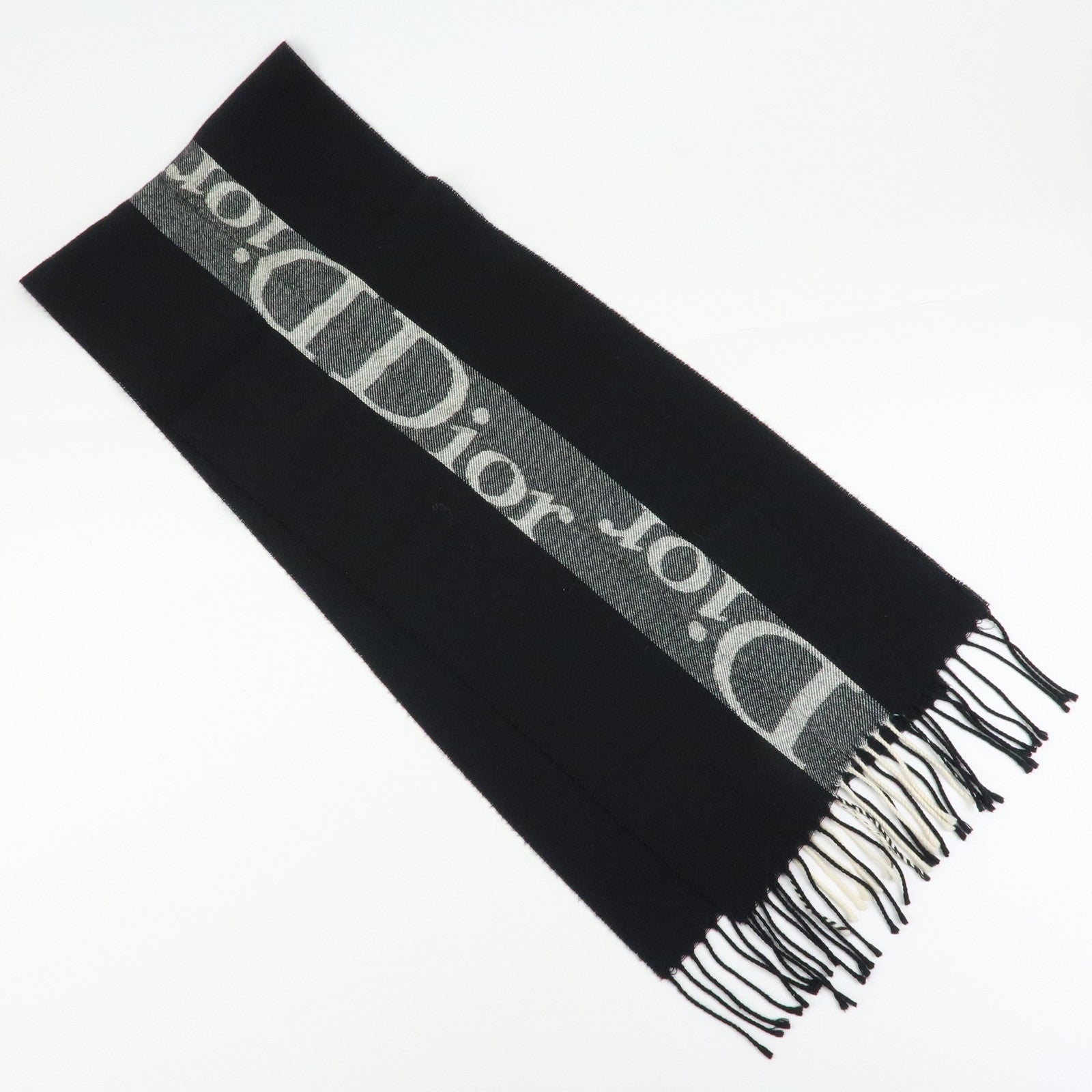Christian Dior Logo Wool Acrylic Scarf Black Ivory