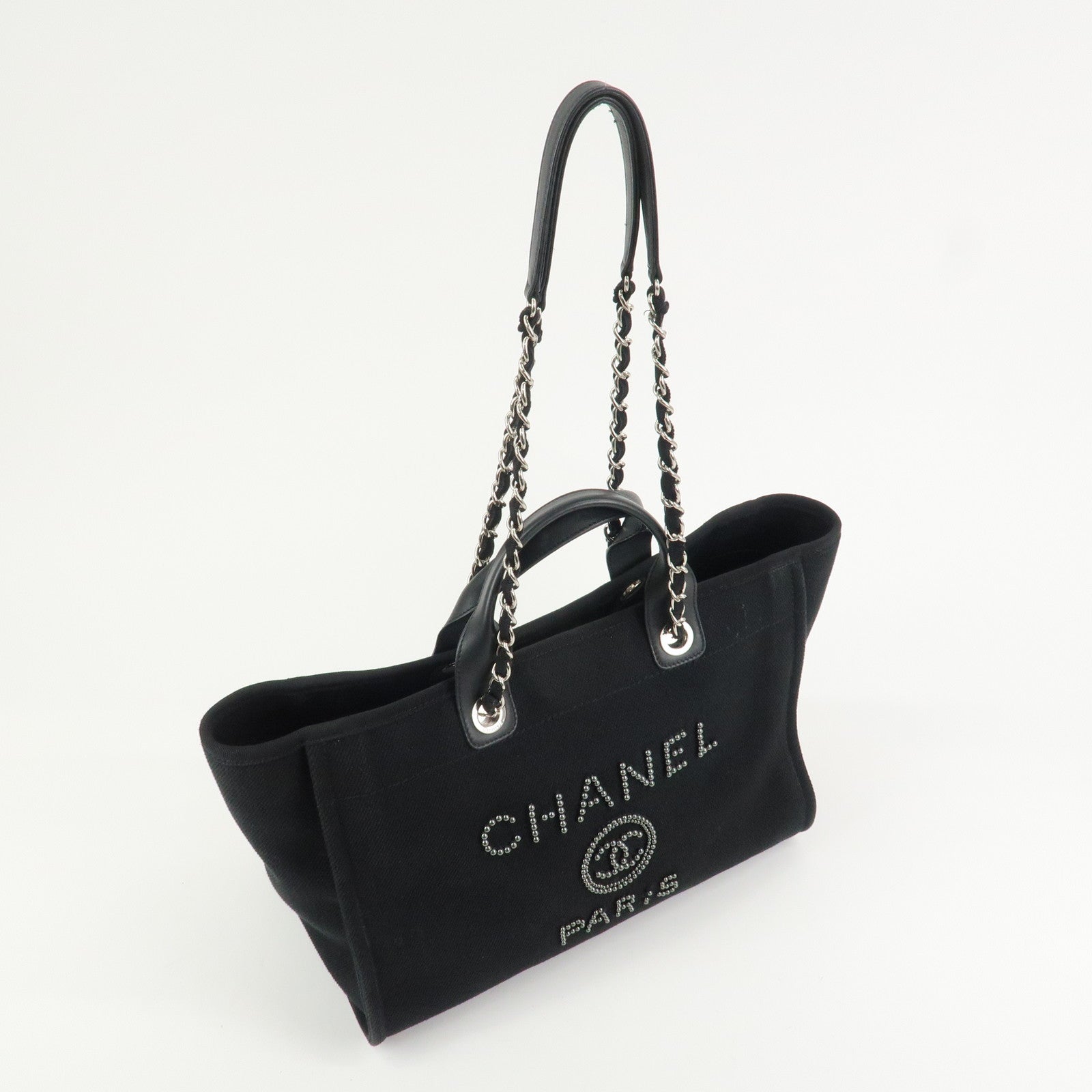 CHANEL Deauville GM Canvas Leather 2Way Tote Bag Black A66941