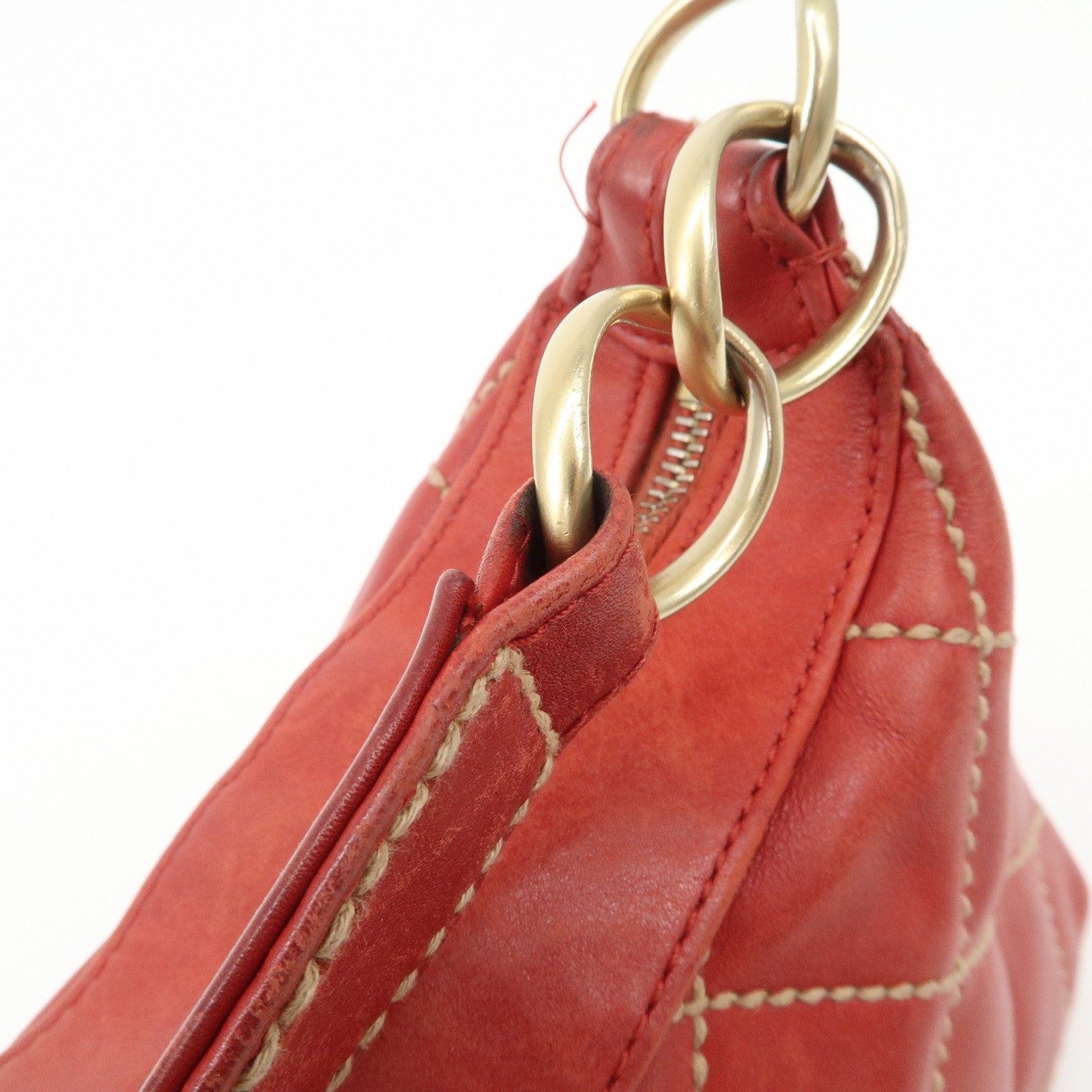 CHANEL COCO Mark Wild Stitch Lamb Skin Leather Hand Bag Red