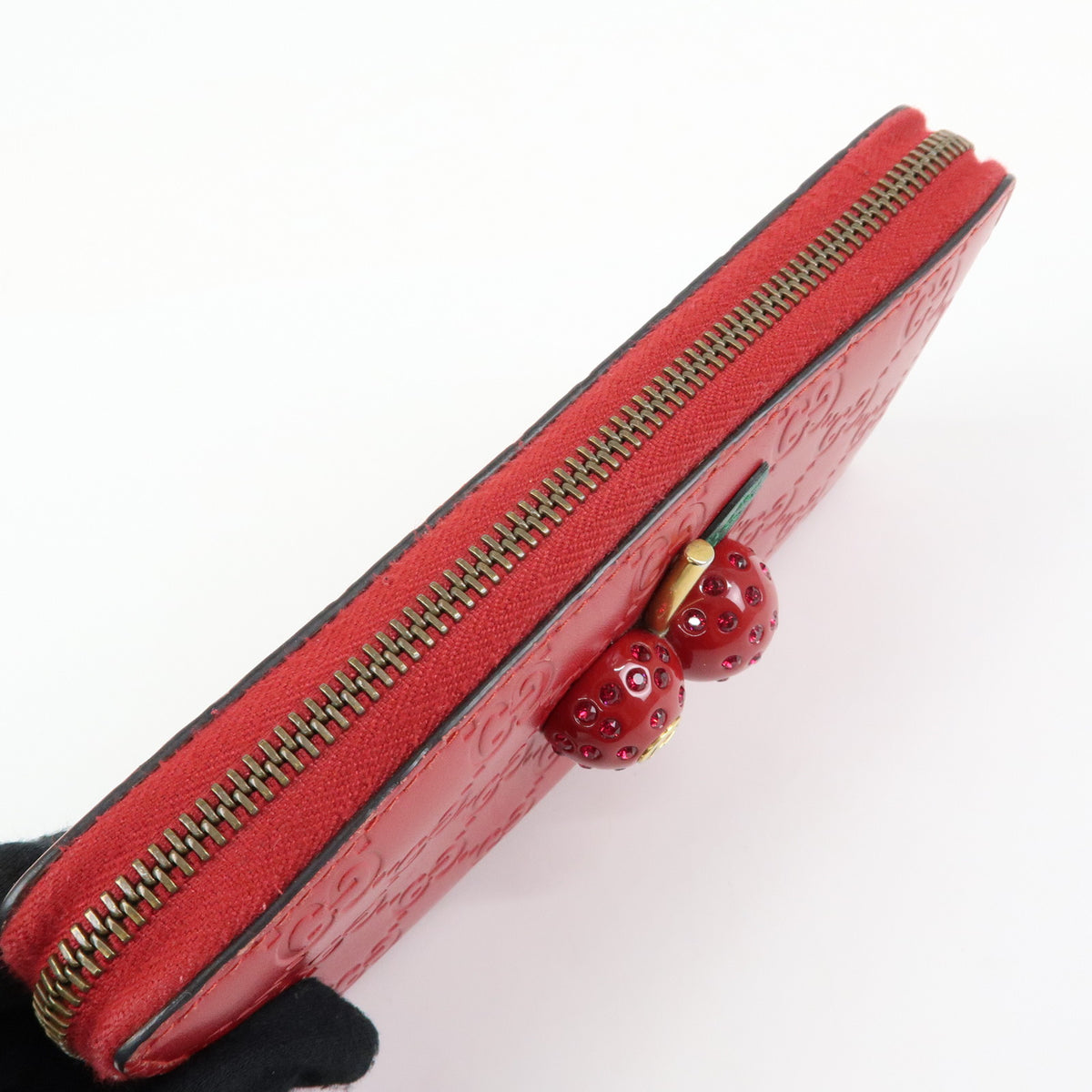 GUCCI Guccissima Leather Cherry Round Zippy Long Wallet Red 476049