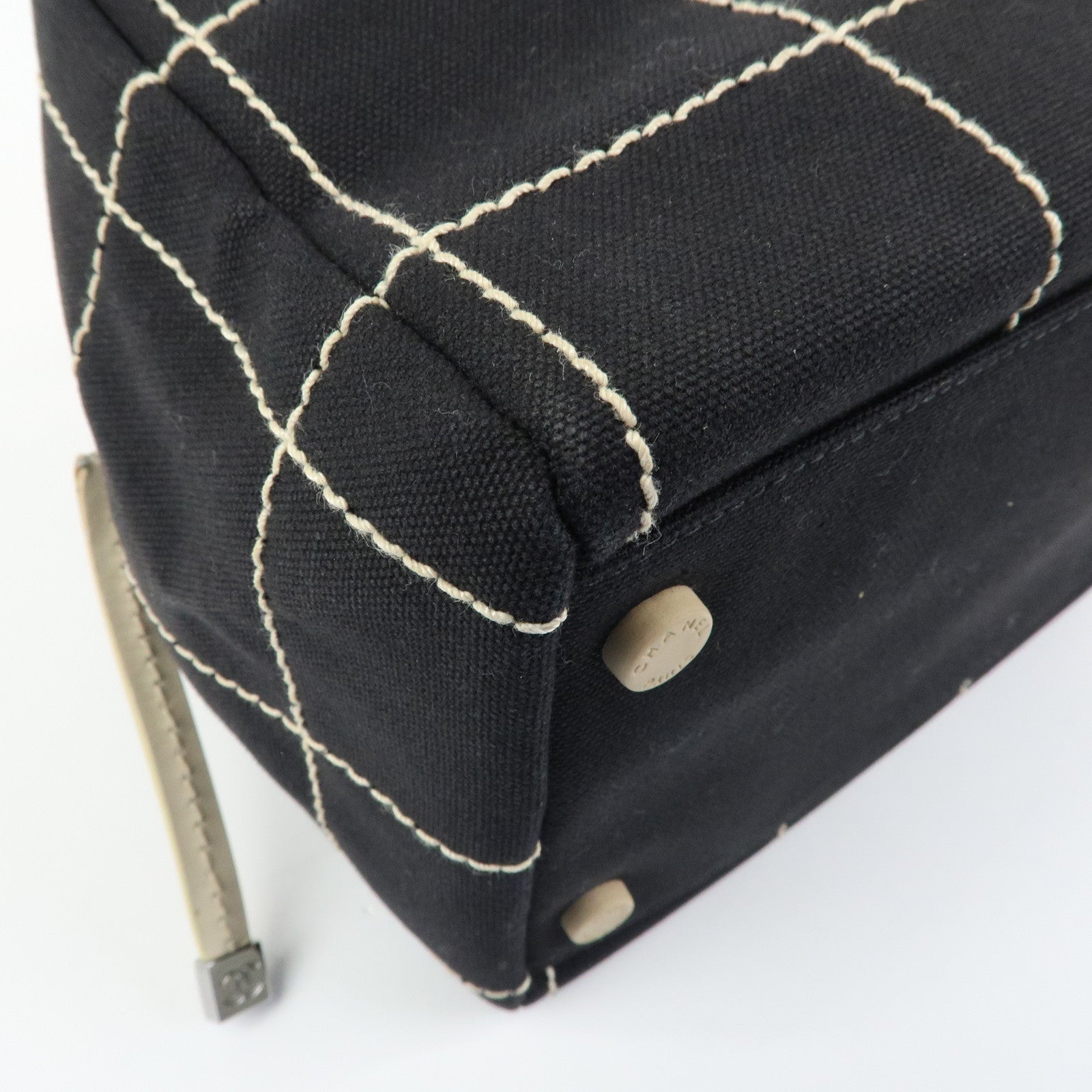 CHANEL Chocolate Bar Canvas Leather Hand Bag Black Ivory