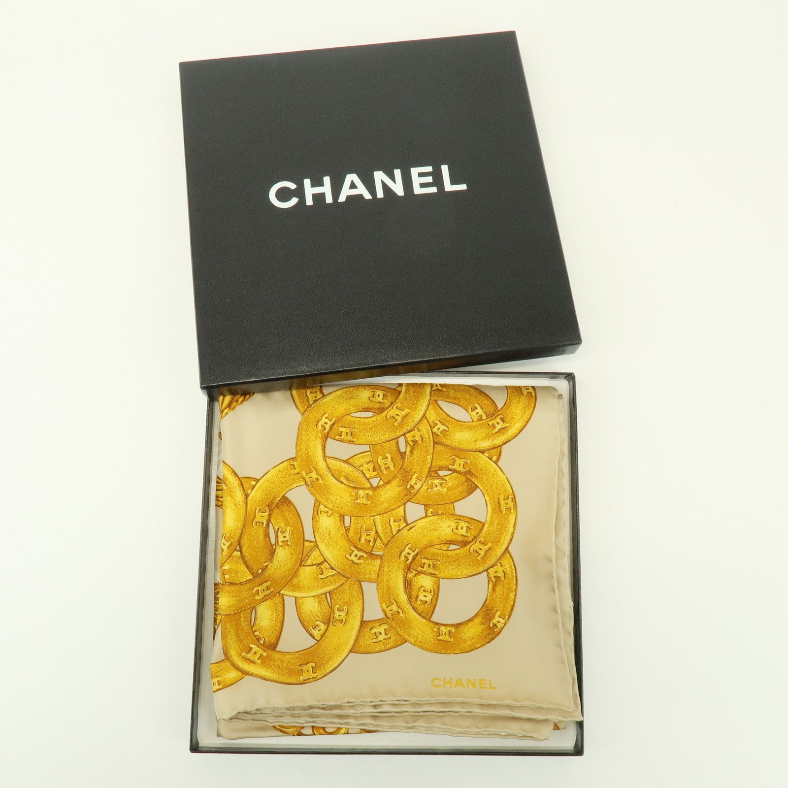 CHANEL COCO Mark Silk 100% Scarf Chain Pattern Yellow Beige
