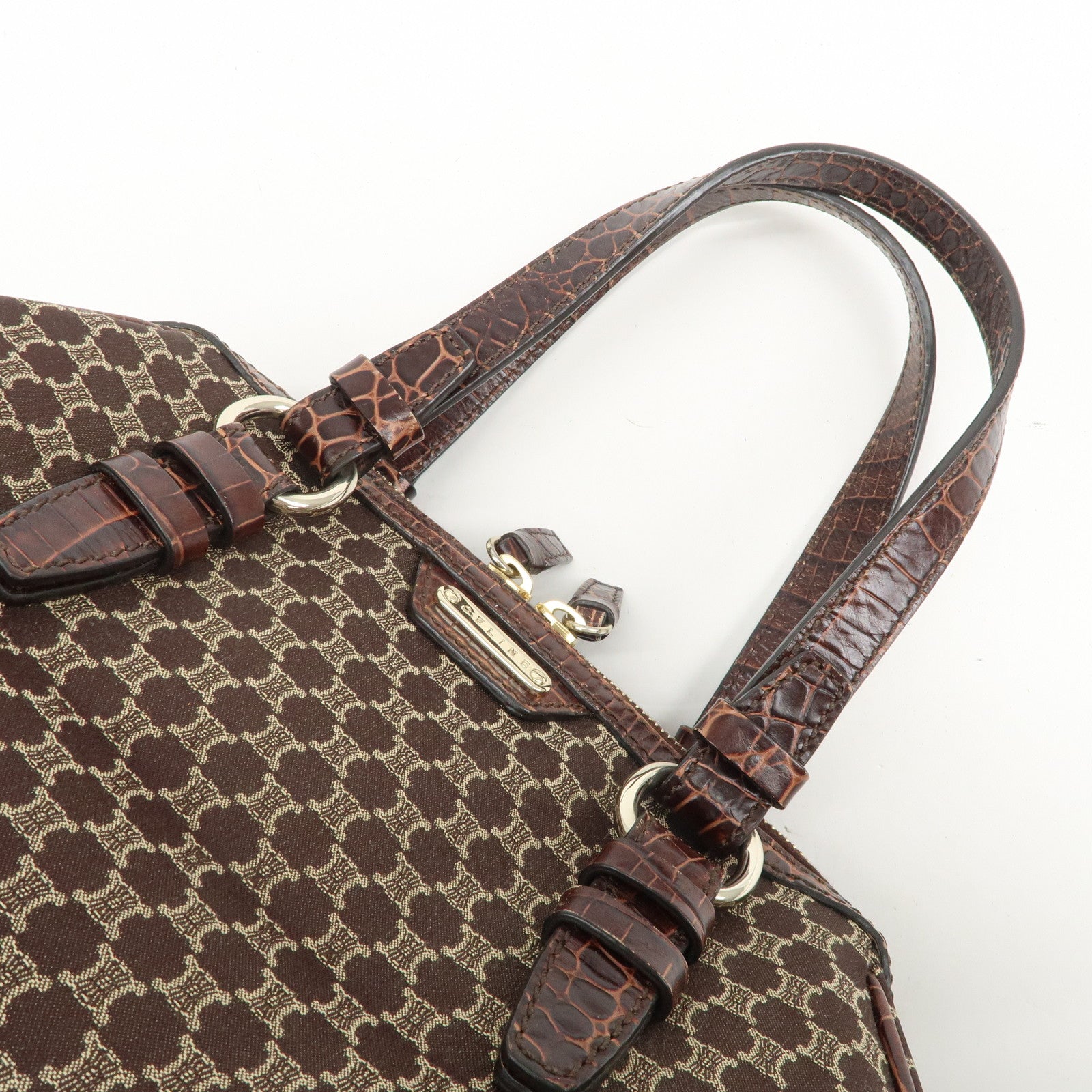 CELINE Macadam Canvas Embossed Leather Hand Bag Shoulder Bag Brown