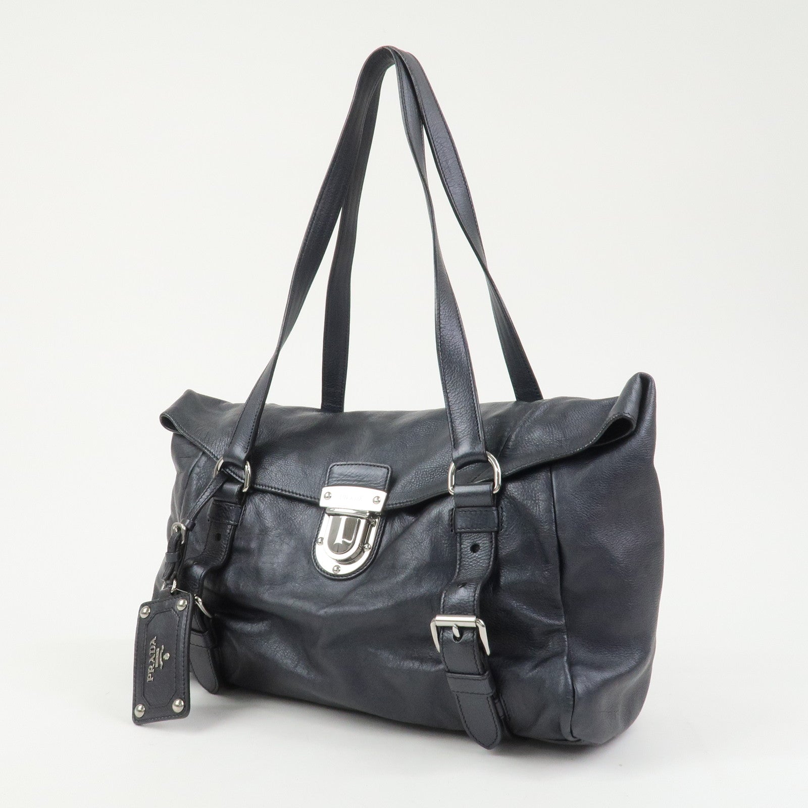 PRADA Logo Leather Shoulder Bag Hand Bag Black BR3901