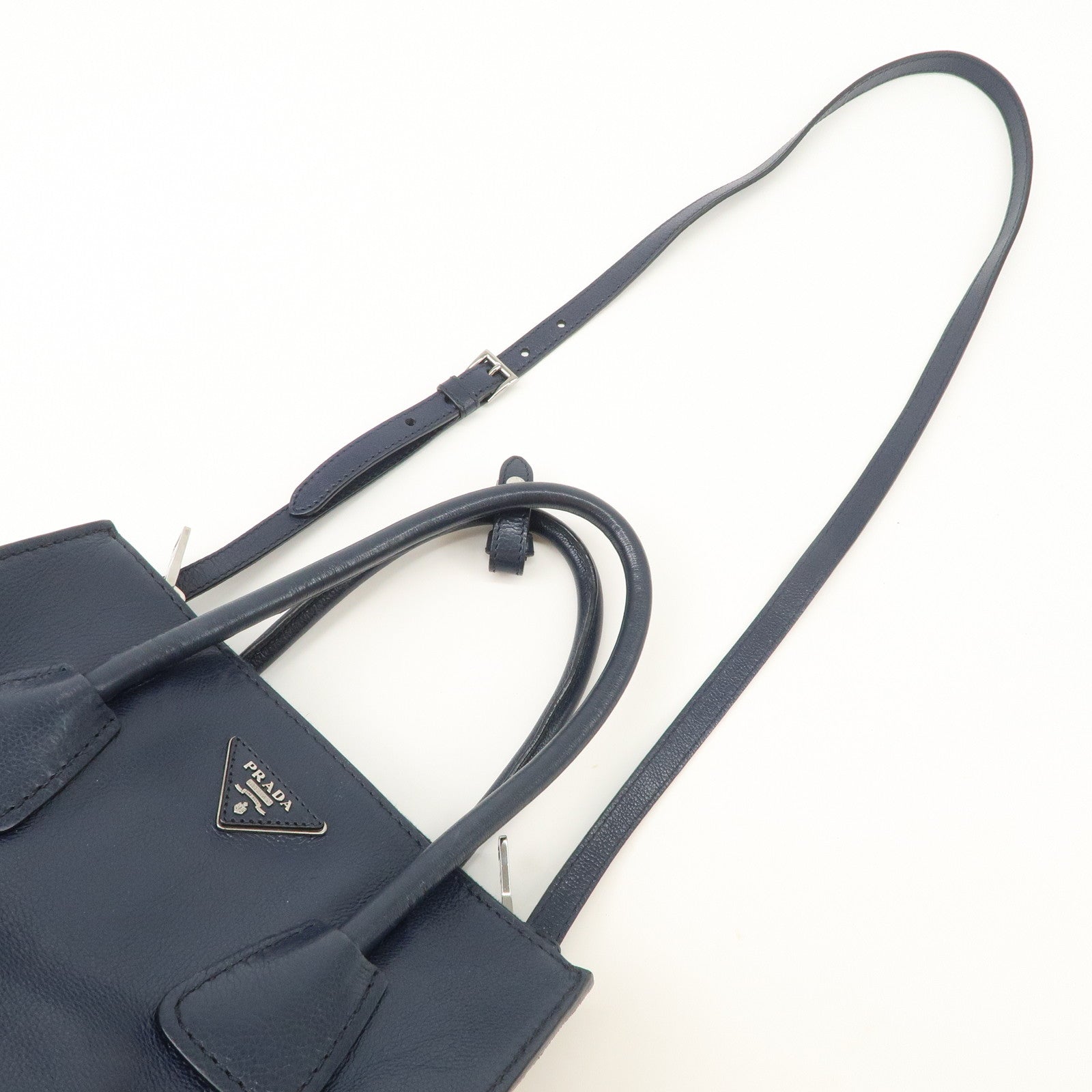 PRADA Triangle Logo Leather 2Way Bag Tote Bag Hand Bag Navy B2625M