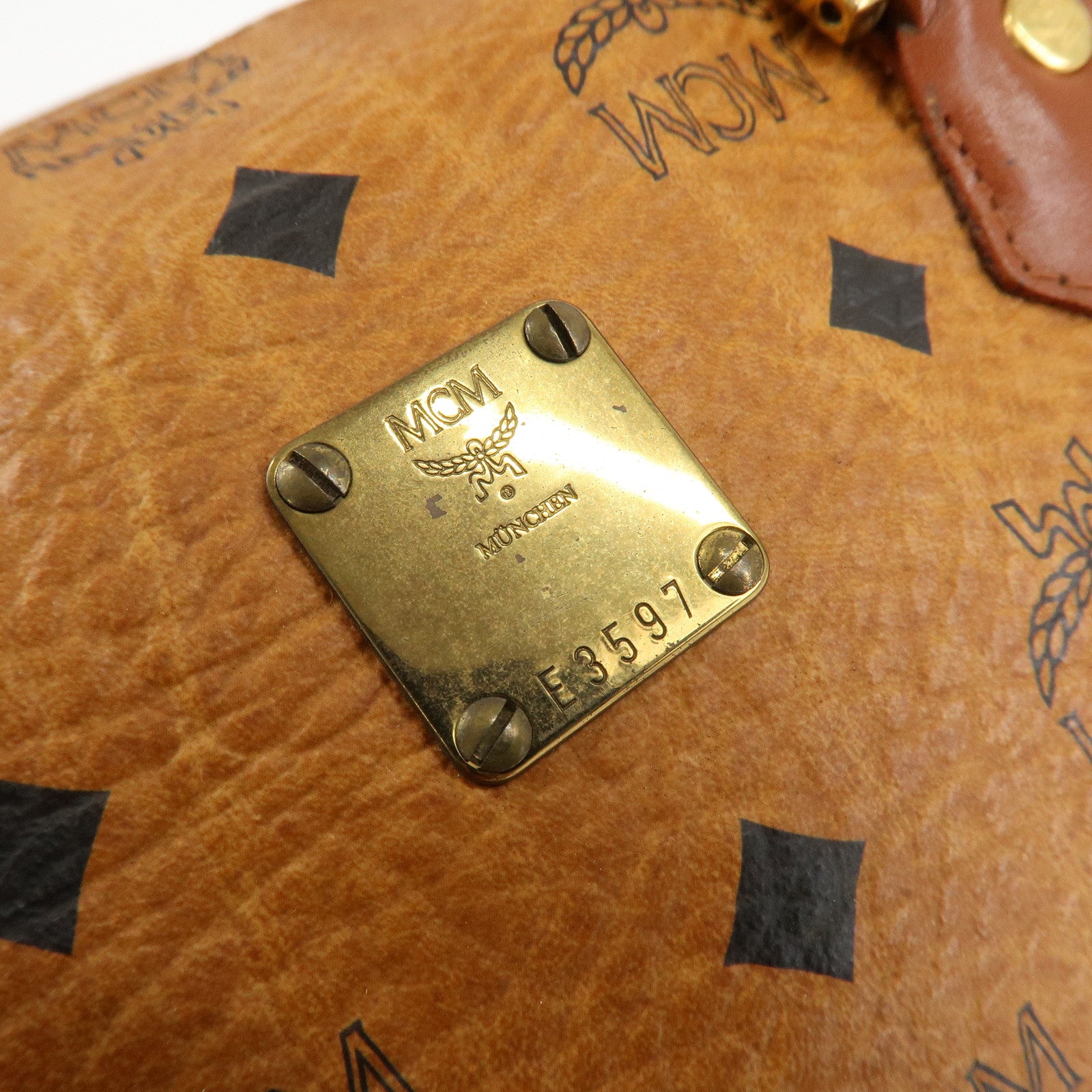 MCM Visetos Leather Boston Bag Hand Bag Brown Gold Hardware Used