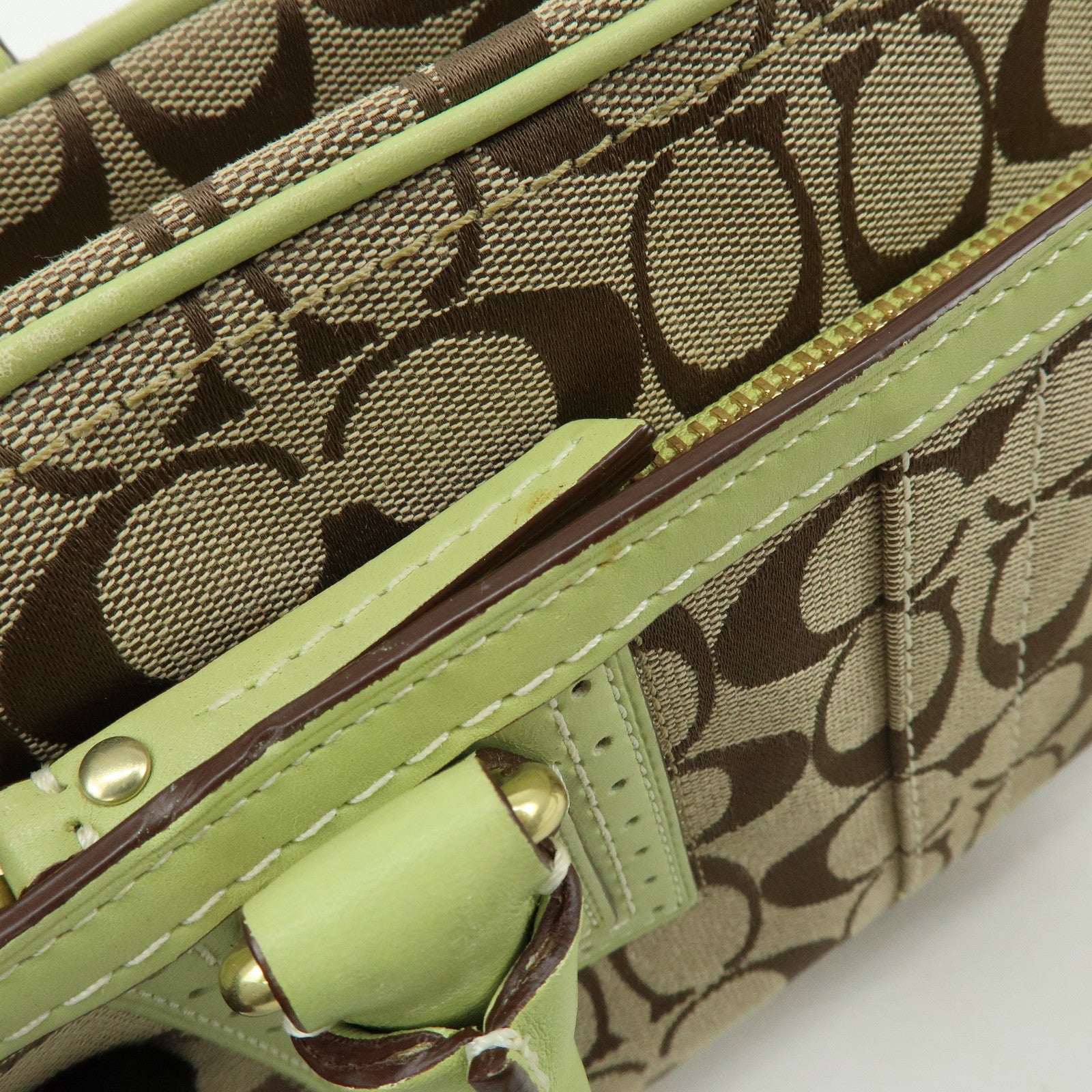 COACH Signature Canvas Leather Boston Hand Bag Light Brown Green