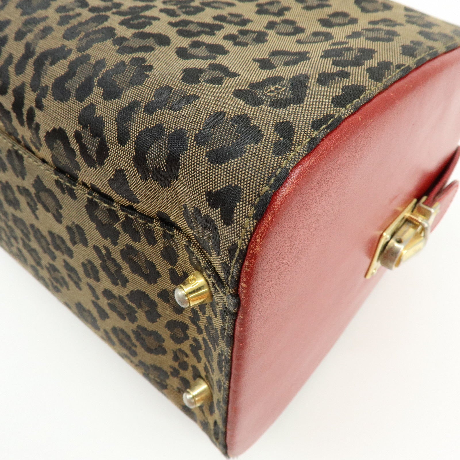 FENDI Canvas Leather Hand Bag Boston Bag Leopard Brown Red