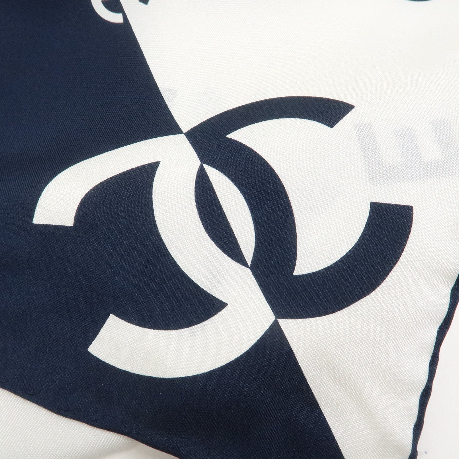 CHANEL COCO Mark Silk 100% Scarf White Navy