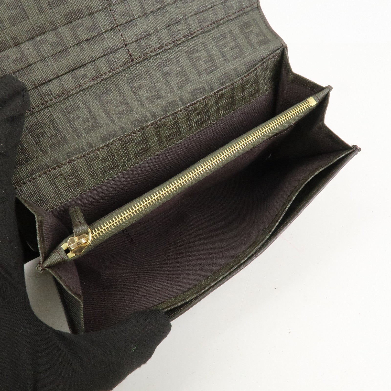 FENDI Zucchino PVC Flap Bi-Fold Long Wallet Black Moss Green 8M0235 Used