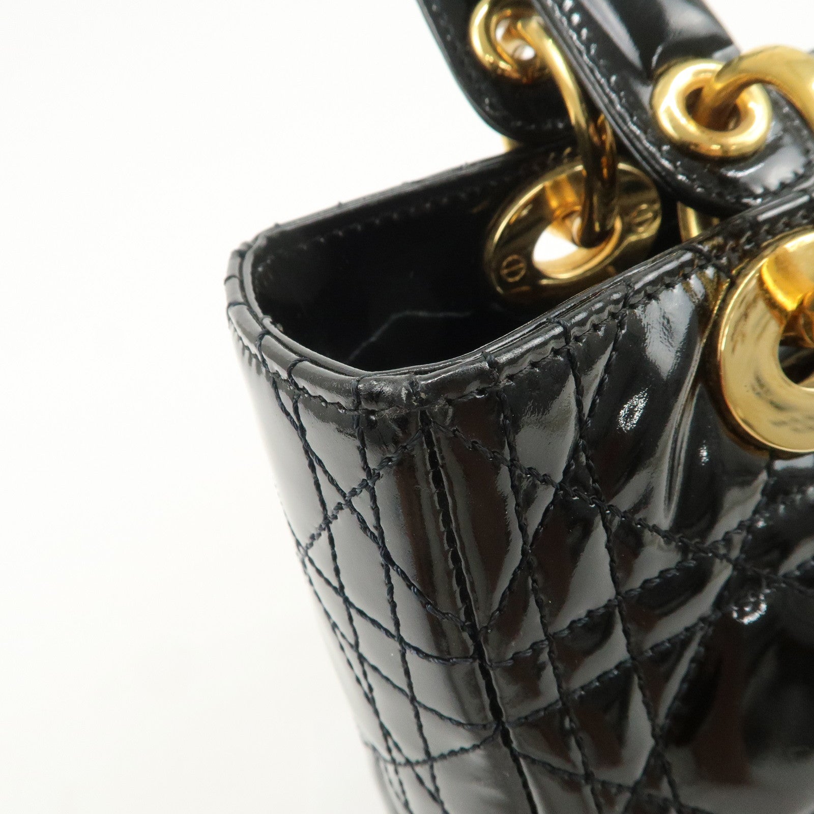 Christian Dior Lady Dior Cannage Patent Leather 2Way Hand Bag Black