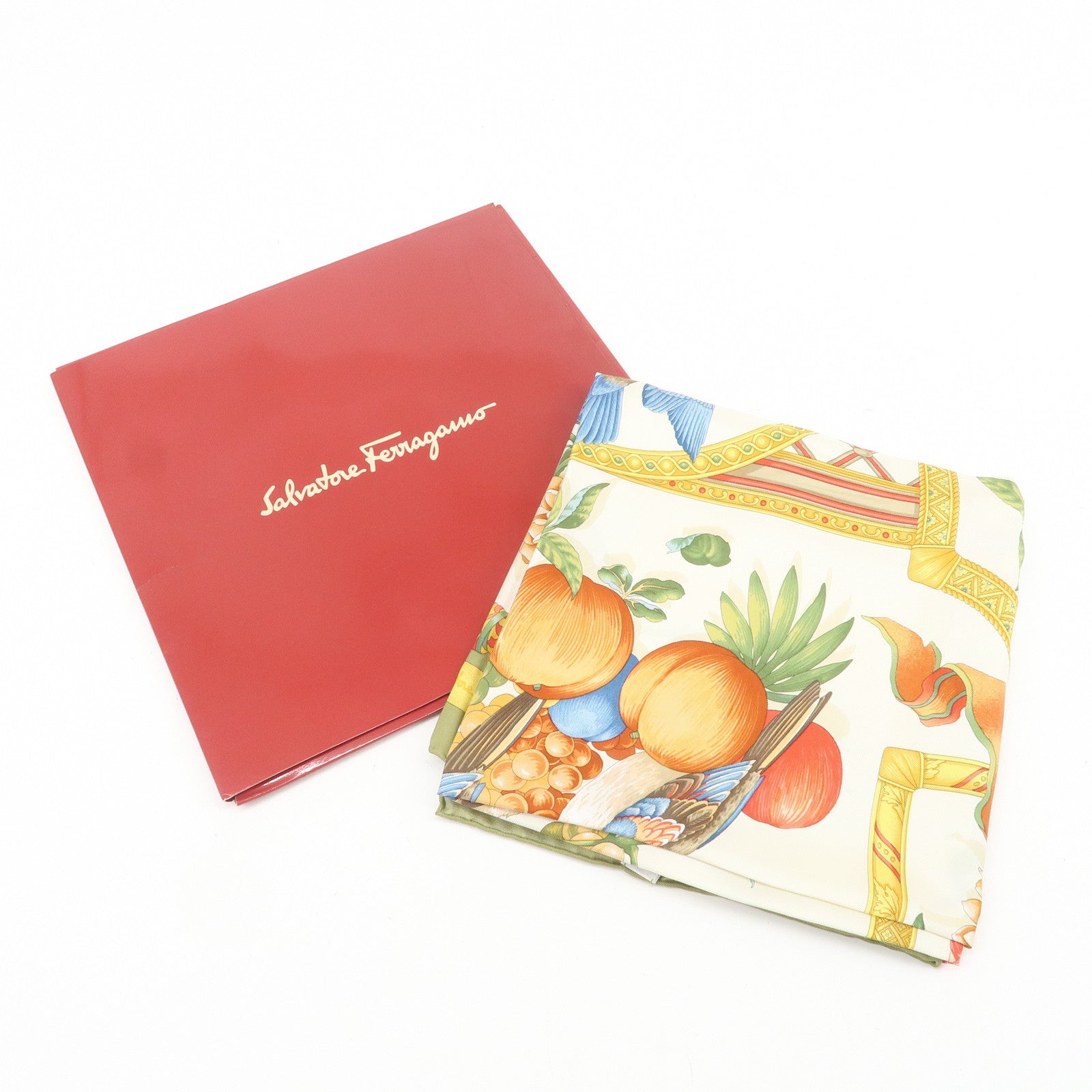 Ferragamo Flower Fruit Motif Silk 100% Scarf Ivory Green Orange