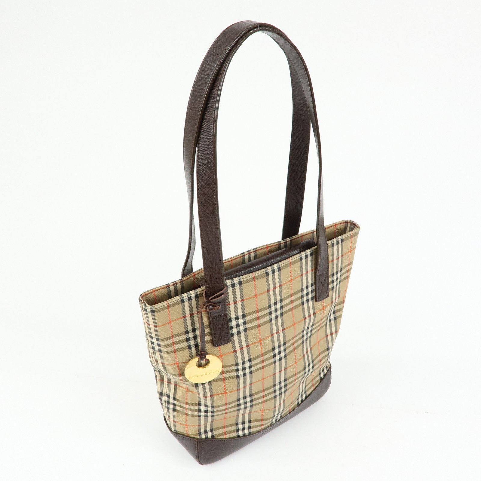 BURBERRY Nova Plaid Canvas Leather Tote Bag Shoulder Bag Beige