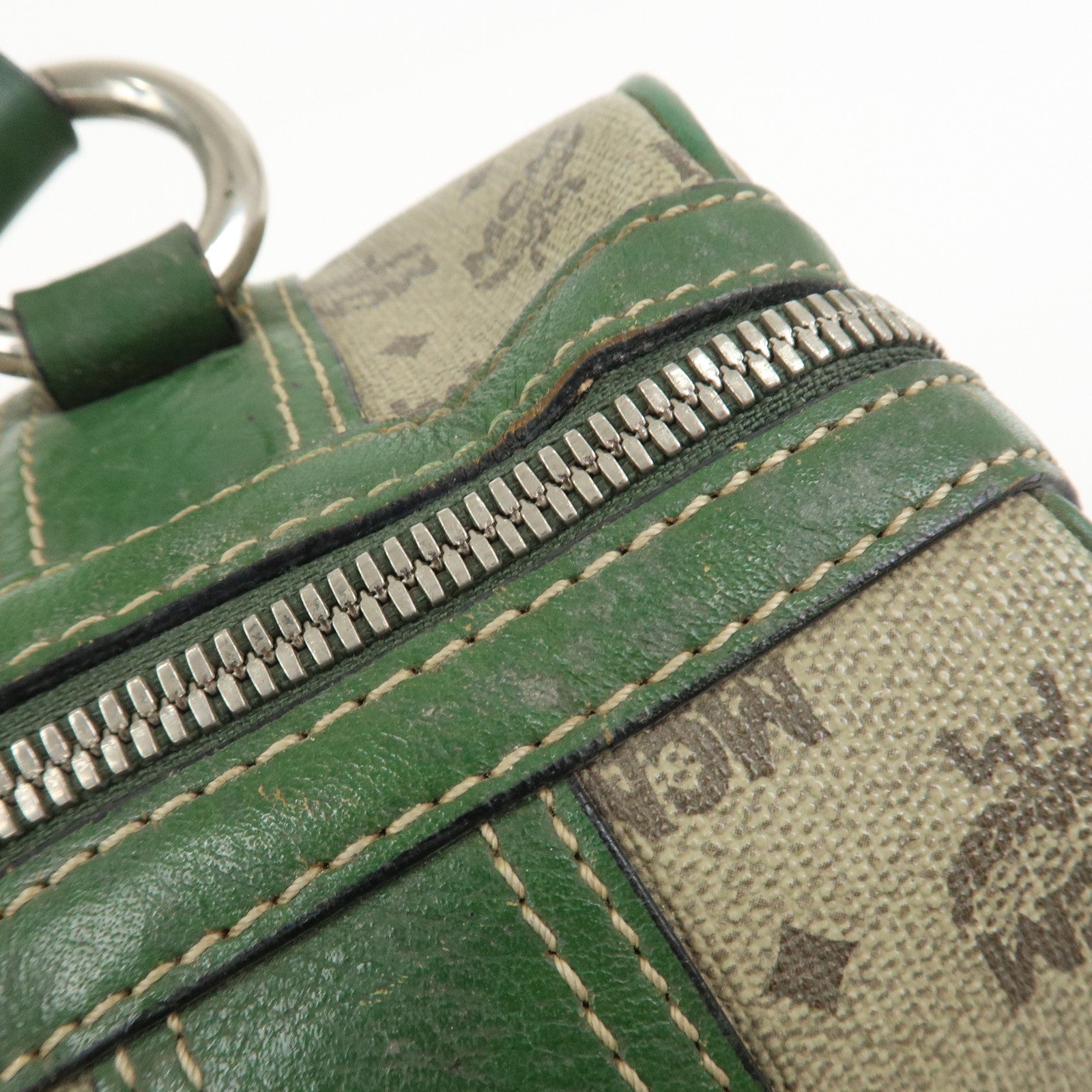 MCM Visetos PVC Coating Canvas Leather Boston Bag Beige Green