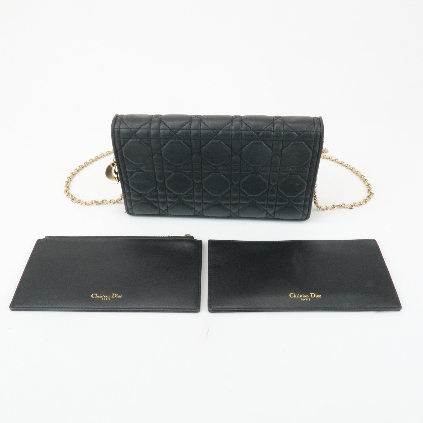 Christian Dior Cannage Leather Chain Shoulder Bag Black Gold Charm