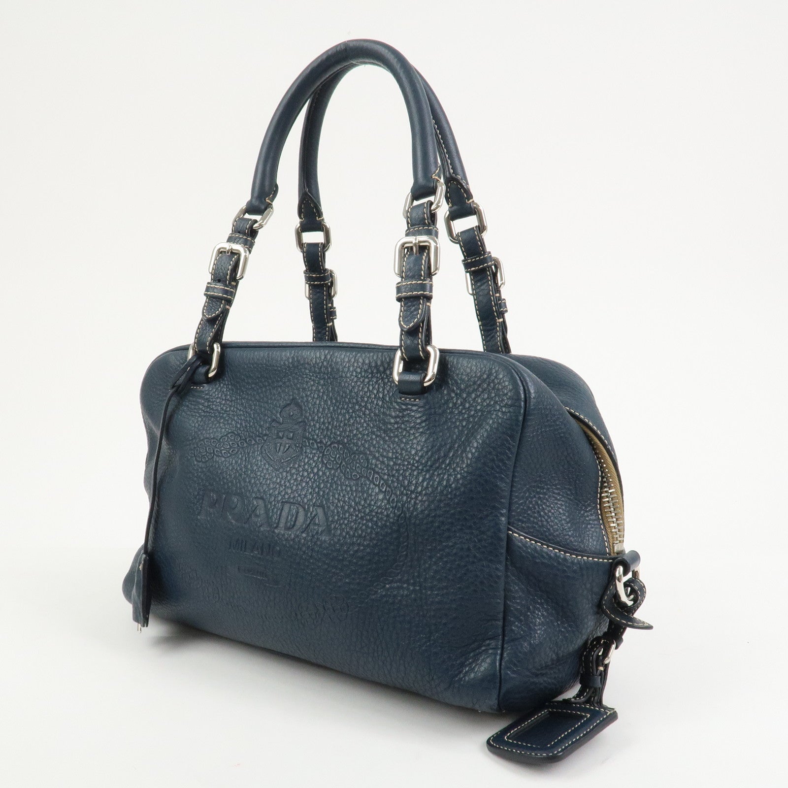 PRADA Logo Leather Boston Bag Hand Bag Navy BR3091